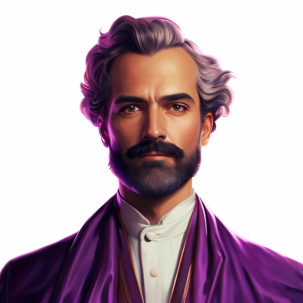 um close up de um homem com barba e jaqueta roxa, retrato detalhado do caractere, inspirado em Cristache Gheorghiu, Retrato do Professor Sinistro, Epic portrait illustration, um retrato do personagem, Michael Cavalo (Motor irreal, retrato da arte do personagem, retrato de personagem pintado, retrato de alta qualidade, retrato do personagem, Stanely Artgerm, retrato de personagem de closeup