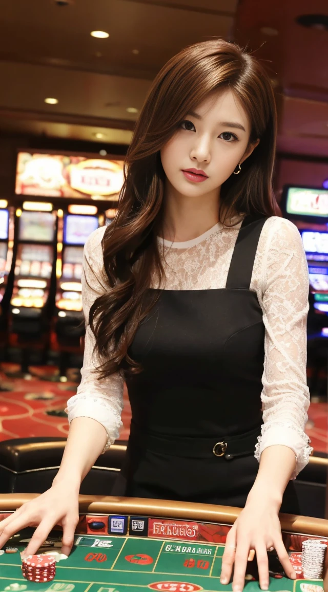 ((最高品質, 10, masterpiece: 1.3)), crisp focus: 1.2, Beautiful woman with perfect style: 1.4, Slender abs: 1.2, ((dark-brown hair, small: 1.2)), (natural light, city street: 1.1), Highly detailed face and skin texture, detailed eyes, 二重まぶた (Random background,In casinos,VIP casino room, Modern Casino Console, Modern Slot Machines )