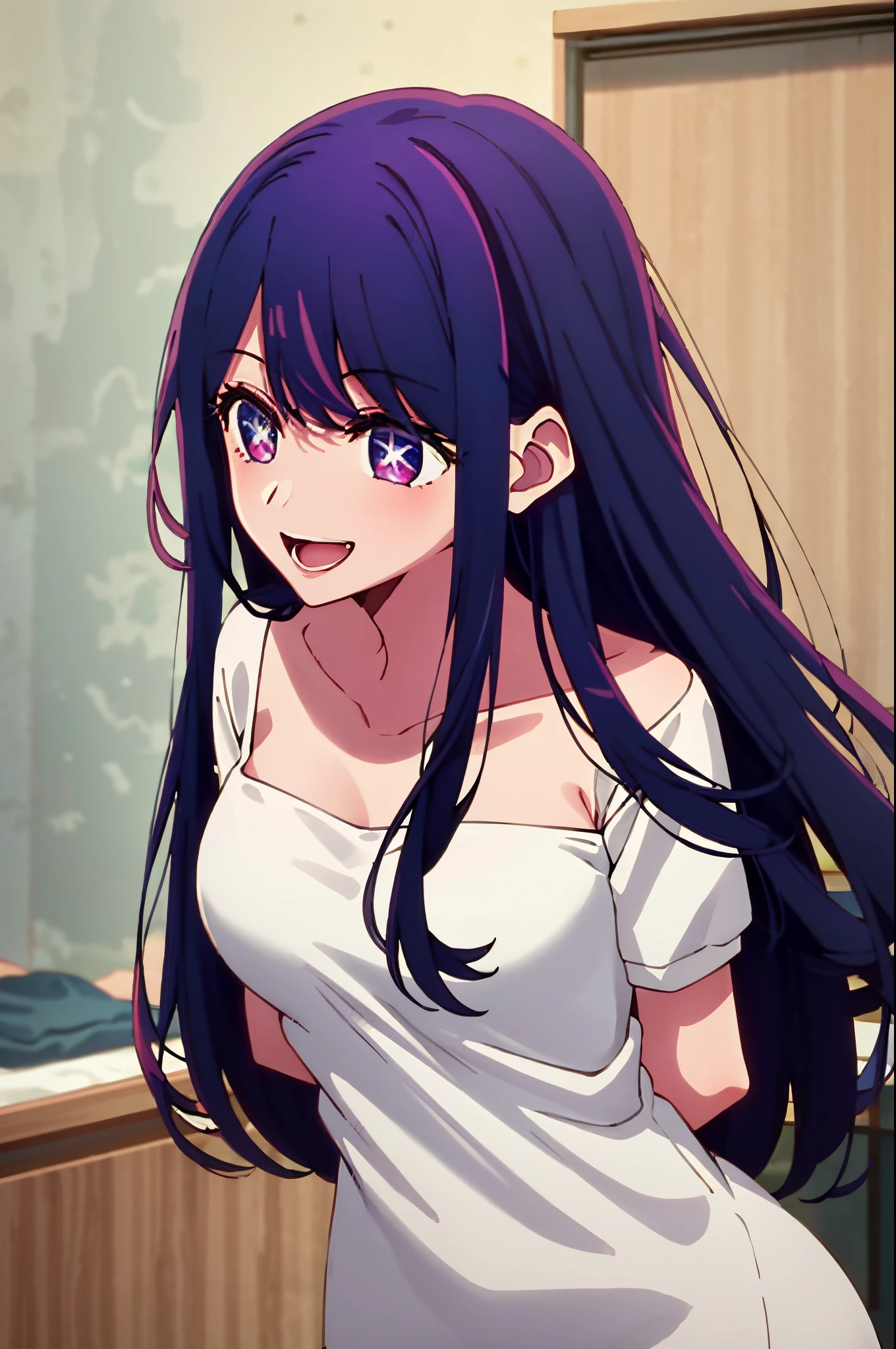 one girls，Caregiver（（There is a five-pointed star in the eye））Long purple gorgeous hair，Smile，Open mouth ，Caregiver，hospitals，White strapless clothes，t，looking at viewert，yogapose、yoga、Iridescent eyes,Wearing a rainbow-colored aura from the whole body、 Shadow lighting,Buttocks、M-shaped legs、yoga pose、perspiring、Love Juice、Juice、