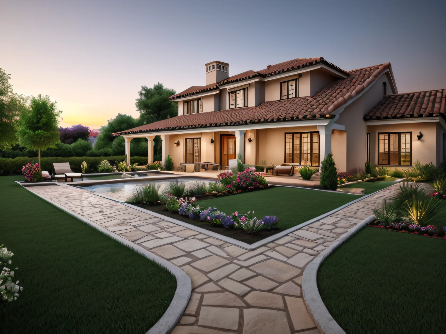 an exterior garden, stone path, ((outdoor dining)), flowering bed, Greek style villa house in the background, daylight, sunset, two-point perspective, human perspective, realistic, photographic, rendering, masterpiece