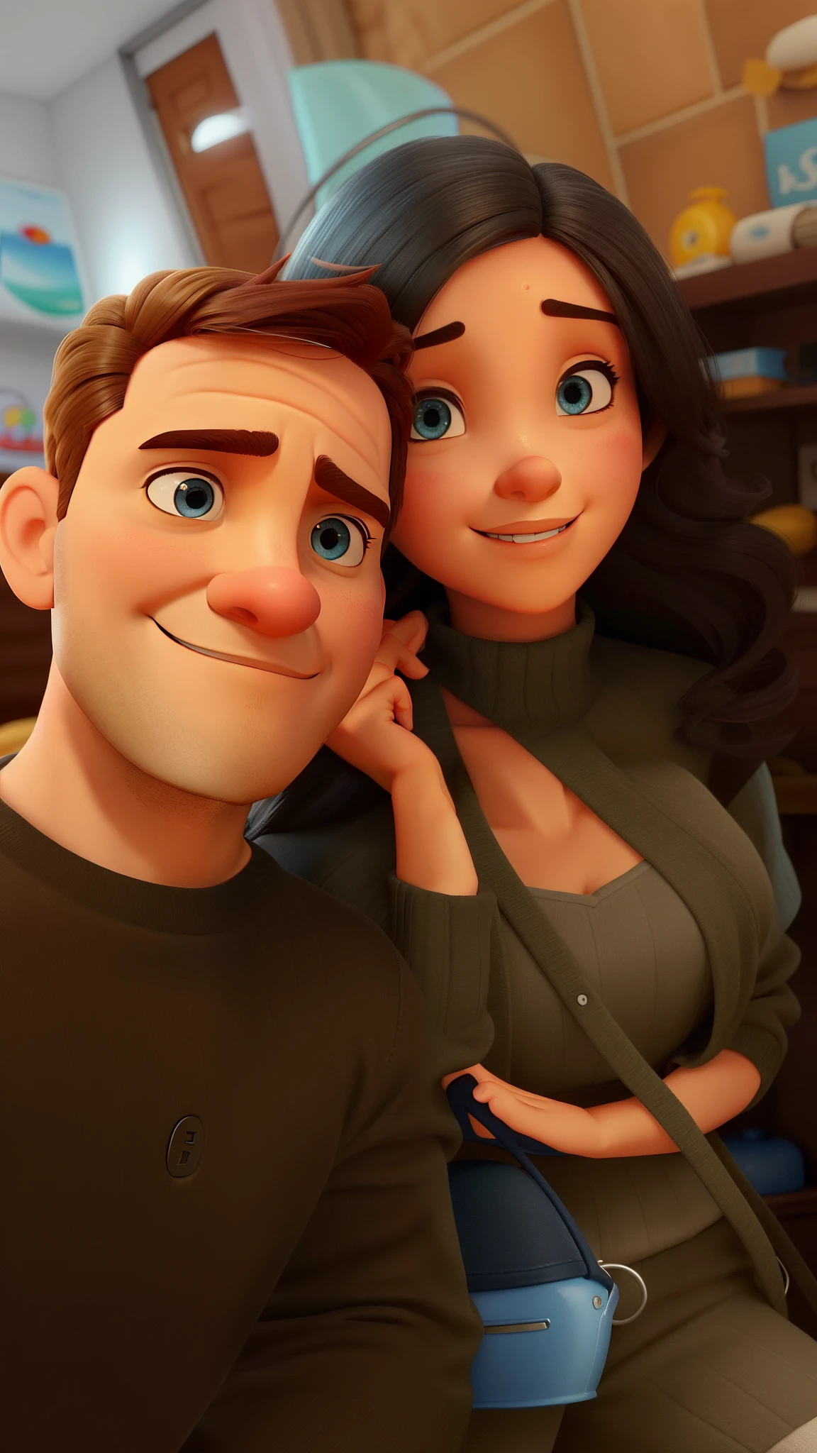 Homem branco com olhos azuis e risco na sombrancelha, mulher branca cabelos pretos com olhos castanho claro, estilo Pixar, melhor qualidade, alta qualidade,MULHER SEM OCULOS