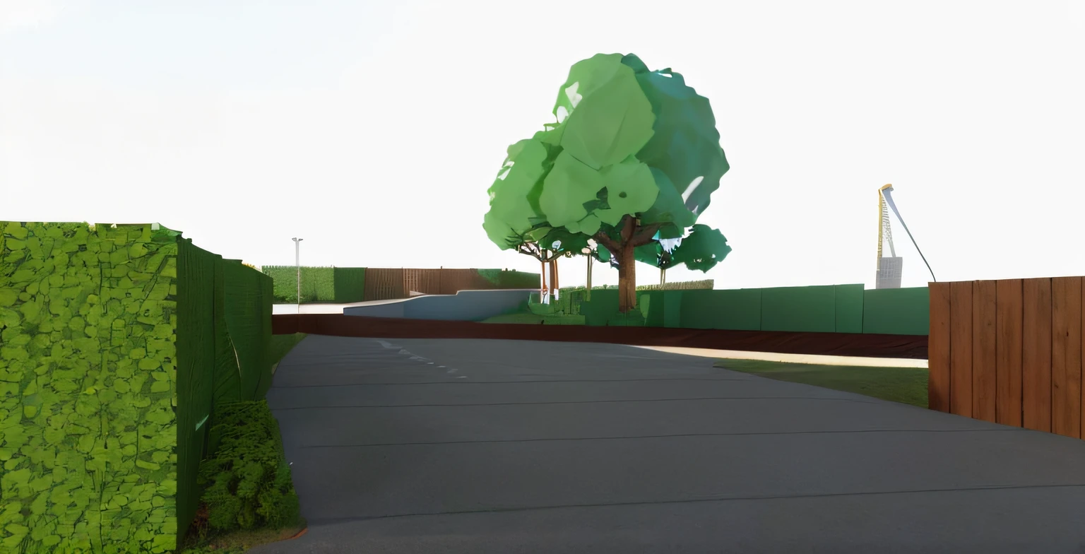 rendering of a park, a concrete pathway extended to the far distance, a wooden wall on the right ((bush hedge))on the left all the way along of the pathway, wooden pathway, some trees in background ((modern sculpture in the distance, (beautiful blue sky,  daylight, bright light, masterpiece, ultra-detailed realistic rendering, commercial rendering 4krendering vray rendering