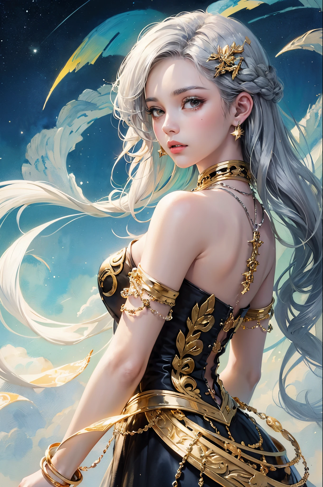 (​masterpiece、top-quality、top-quality、watercolor paiting(Curly)、Official art、Beautifully Aesthetic:1.2)、(1girl in:1.3)、(Fractal Art:1.3)、The upper part of the body、From Side、looking at the viewers、patterns、(colourful hair、Half gold and half silver hair:1.4)、Eau、liquids、云、colourfull、starrysky、stele、