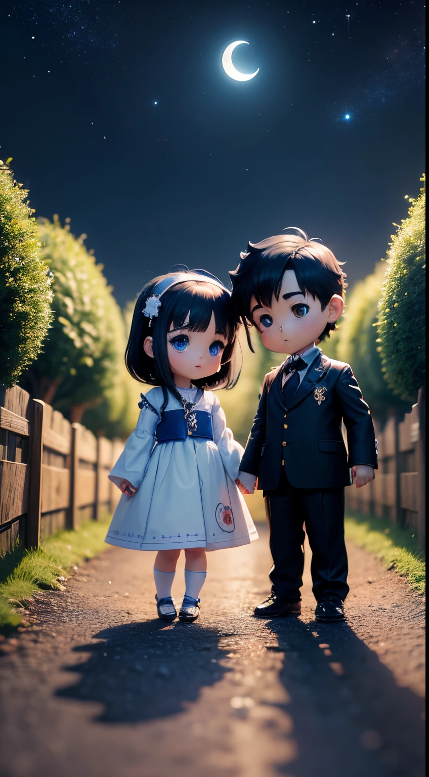 Characters: cute mini girl and cute mini boy, lovely couples, traditional dress, cute blue eyes, black hair, cute face, small chibi characters, 8k, 3D animation. Background: beautiful garden, road, trees, night, moon, stars.