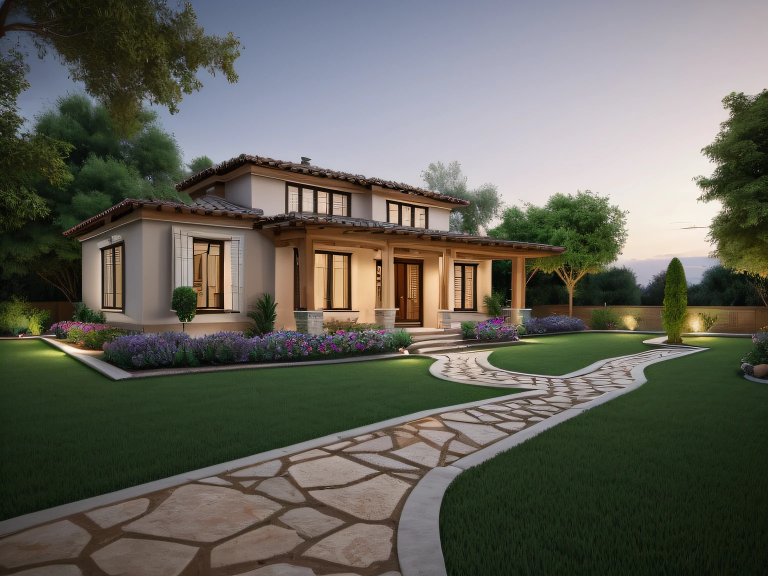an exterior garden, stone path, ((outdoor dining)), flowering bed, Greek style villa house in the background, daylight, sunset, two-point perspective, human perspective, realistic, photographic, rendering, masterpiece