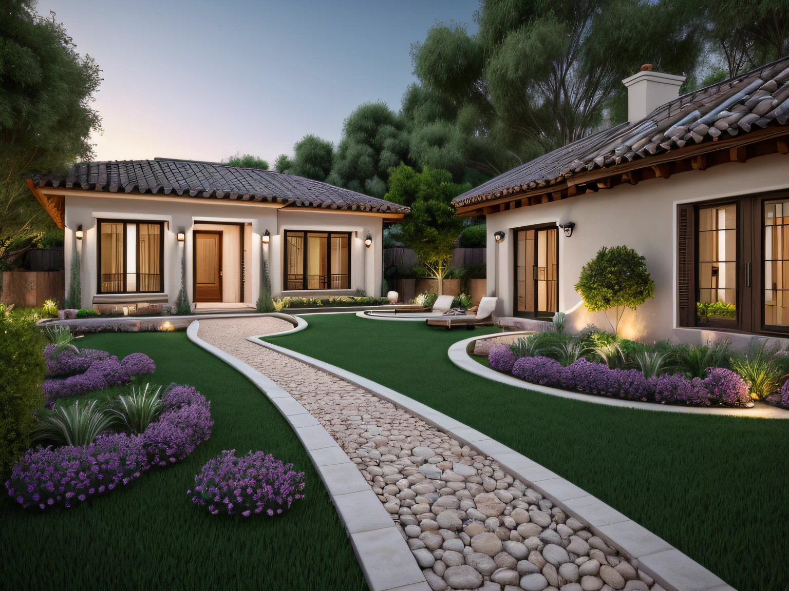 an exterior garden, stone path, ((outdoor dining)), flowering bed, Greek style villa house in the background, daylight, sunset, two-point perspective, human perspective, realistic, photographic, rendering, masterpiece