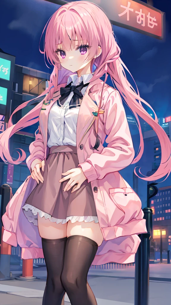 1个Giant Breast Girl,mitsukasa ayase,The city at night,Manteau,jaket,The shirt,gentleness,hands in a pocket,black short skirt,nudegirl,White stockings