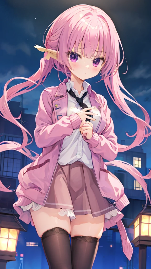 masterpiece, best quality, 1girl, <lora:pink_aura_1_4:0.7>, pink eyes, school uniform, night