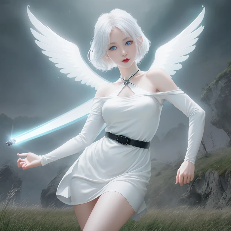 Anime character, girl, beautiful short shoulder length hair, white dress, wearing a thigh length dress, long sleeved dress, white hair, beautiful face, light blue eyes, 8k resolution, HD quality, very detailed body parts, full body, standing pose, smiling sweetly,Holds a glowing katana, black belt, Black necklace, Has glowing white wings detailed, red lips, Dress torn at chest, grassland background,HDR resolution, cinematography shot