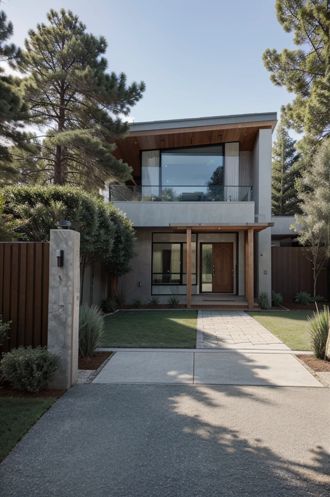 make a sketch of a modern house at the end of a medium length driveway that is lined by pine trees