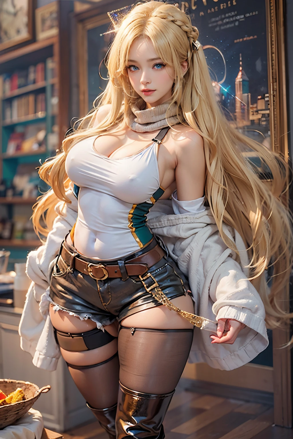 Ultra Realistic, absurd, 8K, Perfect Art, Super Detailed Rendering, Masterpiece, High Quality, high resolution, ultra-detailed, Clean, Masterpiece, Professional Artwork, beautiful, masterpiece, best quality, Bright Golden Blue Eyes, (sparkling eyes:1.5), beautiful Blue eyes, (blonde hair: 1.4), long hair, beautiful face, detailed female face, (((perfect female body, narrow waist))), beautiful female body, full body, very pretty woman, young, very pretty woman, y, short, sexvery attractive, (very big br (huge breasts), rogue arl, rpg portrait full body, official character art, Bangs, Twin Drills, twintails, hair bows, red scarf around kneck, Green vest over a white t-shirt, Gray short shorts, gold belt, coiled whip hanging from hip, white thigh highs, brown walking boots, buxom chested, large breasts size, with larges, stunning, big breasts,ng out of top, areoslip, visible areola, NSFW, nsfw, easts!, uge breasts, Oppai