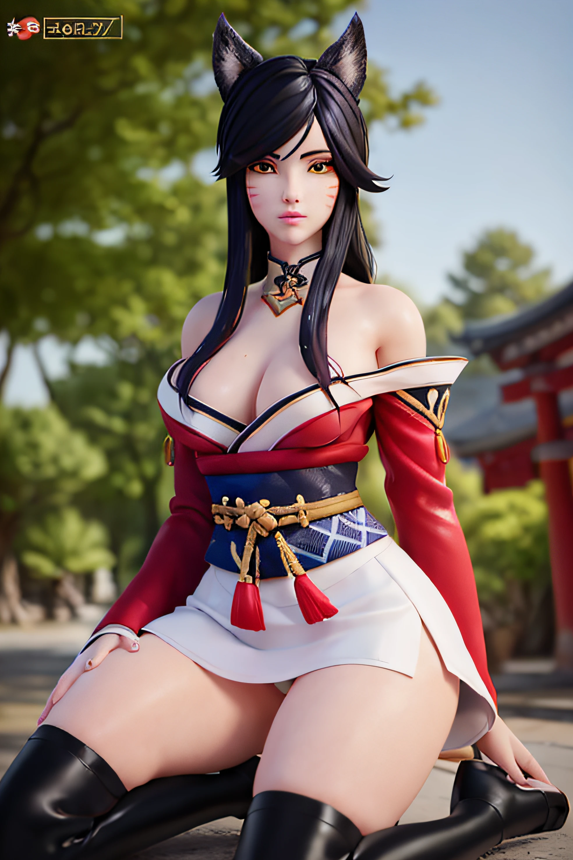 (realistic:1. 5), yellow eyes, xyzahri , ahri , ahri , 1girl , absurdres , ahri_(league_of_legends), black hair, animal ear fluff, animal ears, bangs, bare shoulders, facial markings, red kimono, highres, Japanese clothing, kimono sleeves, league_of_legends, long hair, looking at viewer, spring, sakura flowers, Japanese shinto, white skirt, short skirt, solo, whisker_markings, bare neck, cleavage, large breasts,heeled boots, red boots, white fox tail, golden eyes,