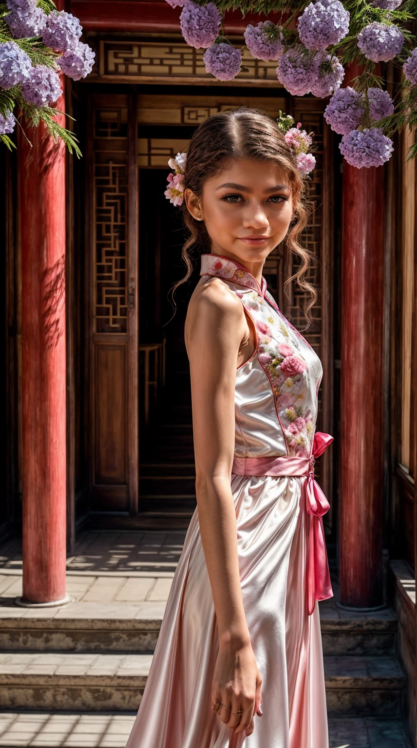 Generate a masterpiece portraying Zendaya in a stunning Chinese-style white dress. Ensure the best quality, high resolution, and ultra-detailed features, focusing on a character close-up. The dress should embody the elegance of a Chinese cheongsam, with exquisite details, vibrant colors, and a floating appearance.

Capture the drama with a unique angle, close natural (close-up) shot, and incorporate elements like koi, warm sunlight-like colors, and a focus on personal warmth. Highlight the dress with champagne hues and extra-long ribbons flowing freely. Showcase the full body of Zendaya, maintaining her actual height (5'10" or 1.78 m) and weight (59 kilograms) for a realistic portrayal.

Include intricate elements like pink petals, sunlight gently touching the skin, a glorious ambiance, hairpins, and hydrangeas to enhance the overall aesthetic. Despite the Chinese-inspired attire, ensure Zendaya's face and body characteristics remain true to her original appearance, creating a realistic and visually captivating image.