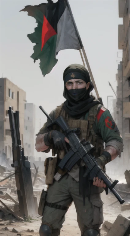 masterpiece, one male soldier, face covered in wounds, covered in wounds, torn clothes, carrying a Palestinian flag, holding an AK 47, Islamic symbol headband, standing in a pile of corpses, destroyed city background, 8k resolution, very detailed, Very realistic, HDR, filter cinematography