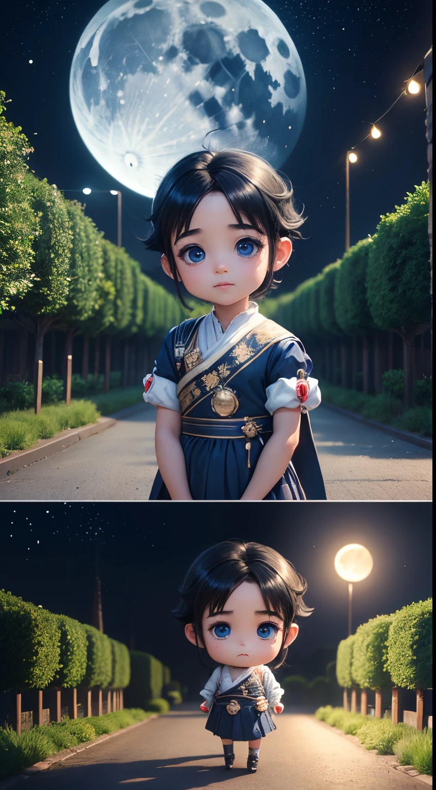 Characters: cute mini girl and cute mini boy, lovely couples, traditional dress, cute blue eyes, black hair, cute face, small chibi characters, 8k, 3D animation. Background: beautiful garden, road, trees, night, moon, stars.