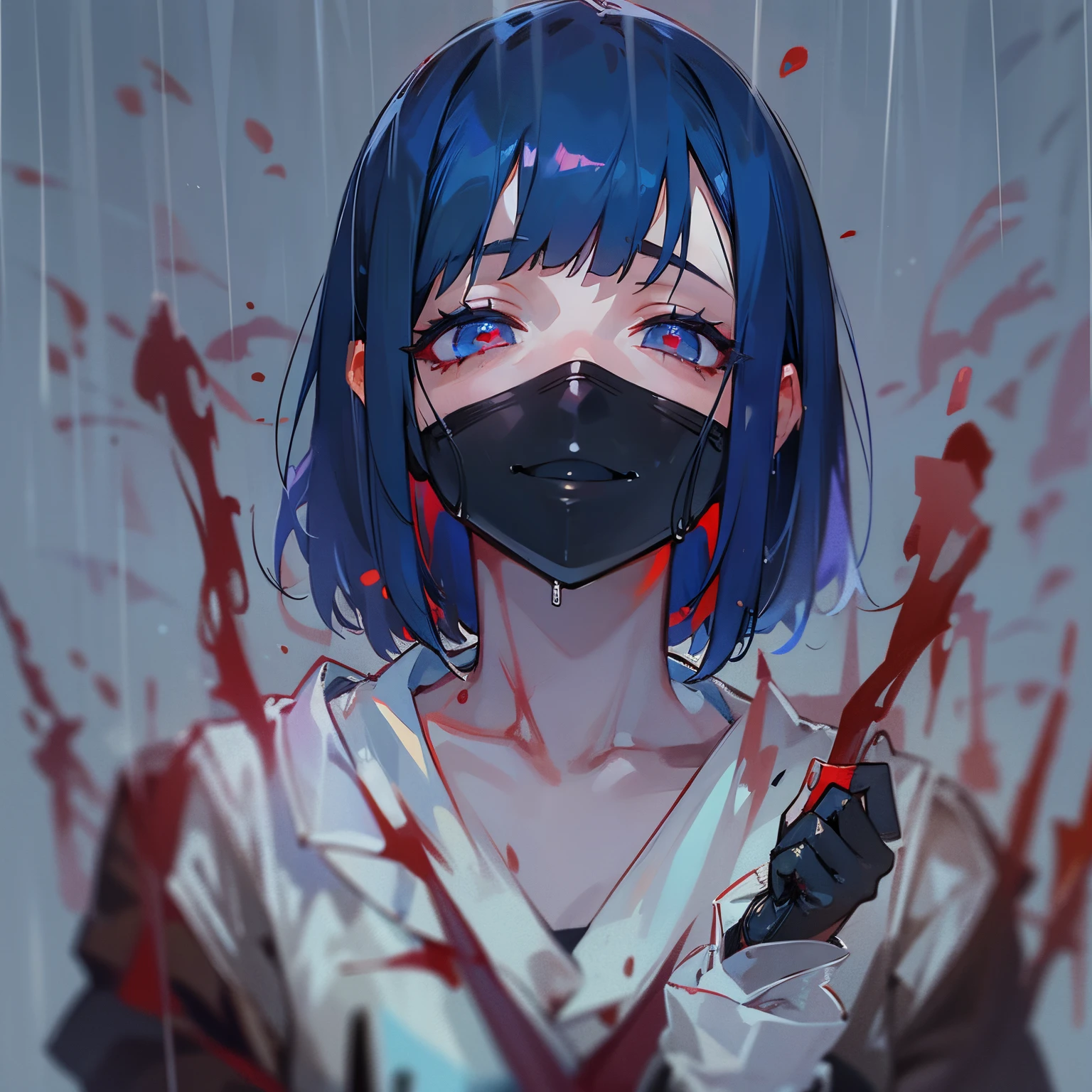 A portrait of a cruel murderer girl, dark blue hair, short bob, black leather gloves, eyes are empty, smiling, It raining blood.