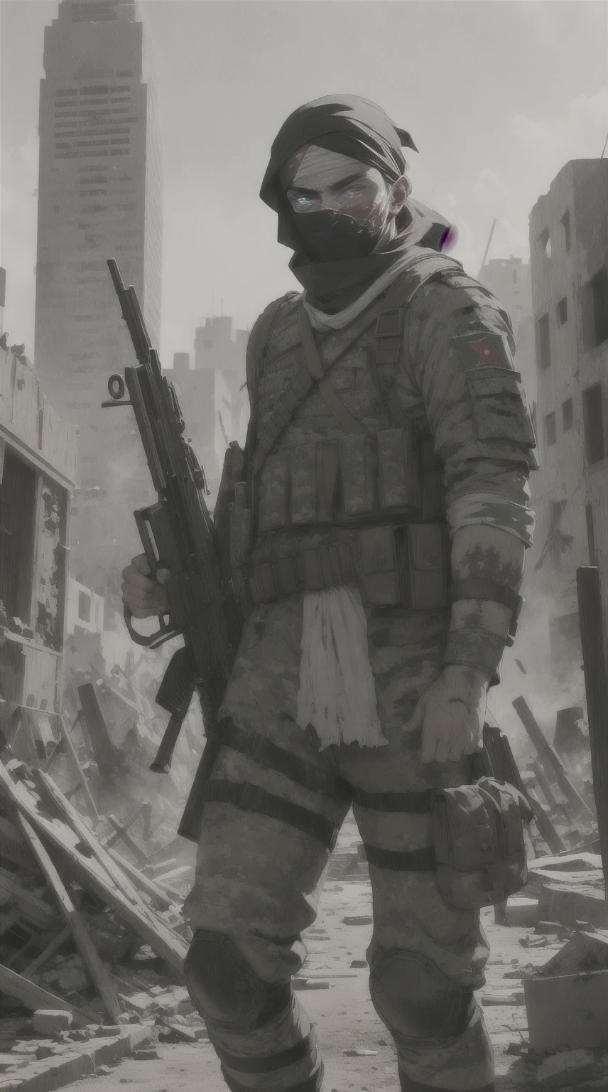 masterpiece, one male soldier, face covered in wounds, covered in wounds, torn clothes, carrying a Palestinian flag, holding an AK 47, Islamic symbol headband, standing in a pile of corpses, destroyed city background, 8k resolution, very detailed, Very realistic, HDR, filter cinematography