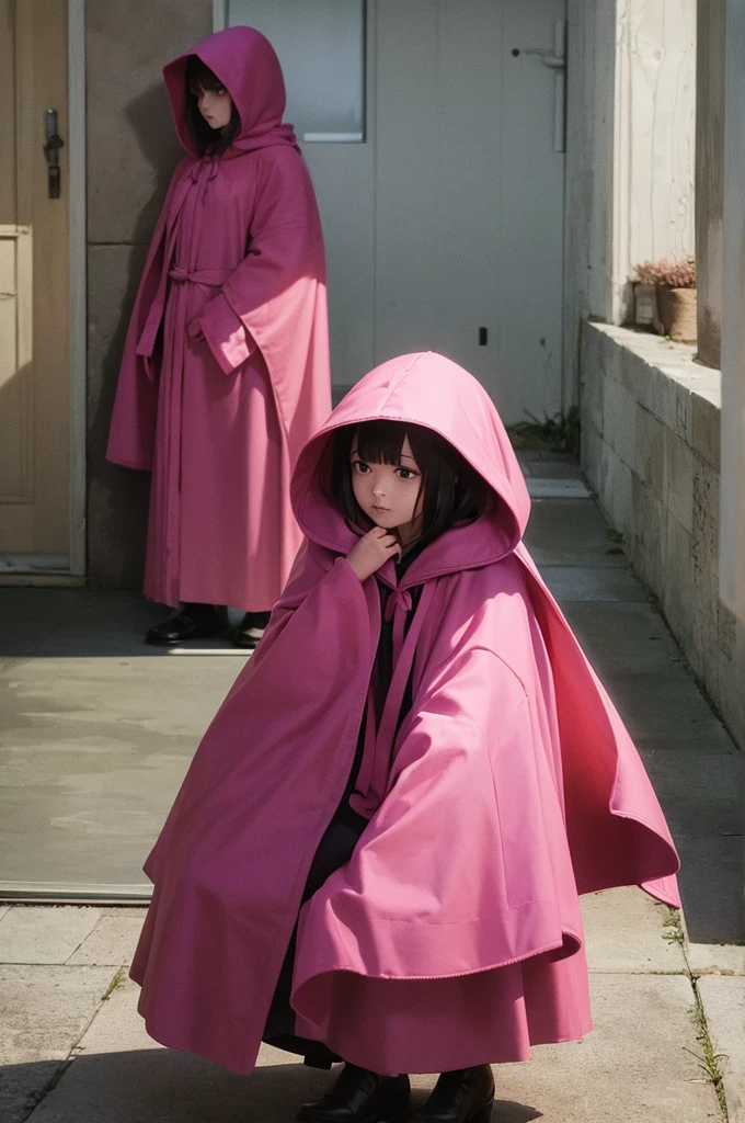 woman in magenta clothes, robe and cloak with hood over head, hiding in the shadows