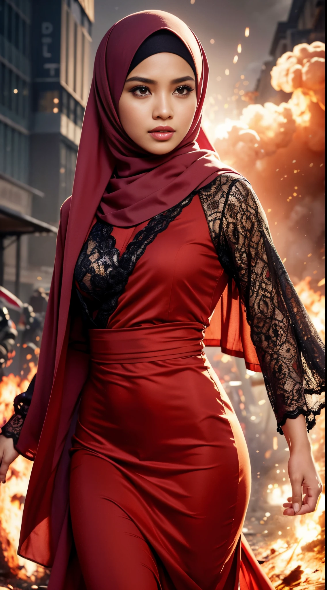 RAW, Best quality, high resolution, masterpiece: 1.3), beautiful Malay woman in hijab (iu:0.8)1beautiful  Malay woman in hijab wearing modern youth Muslim clothing,medium breast, modern muslim fashion, flowing shawl, sci-fi, explosions behind, movie poster