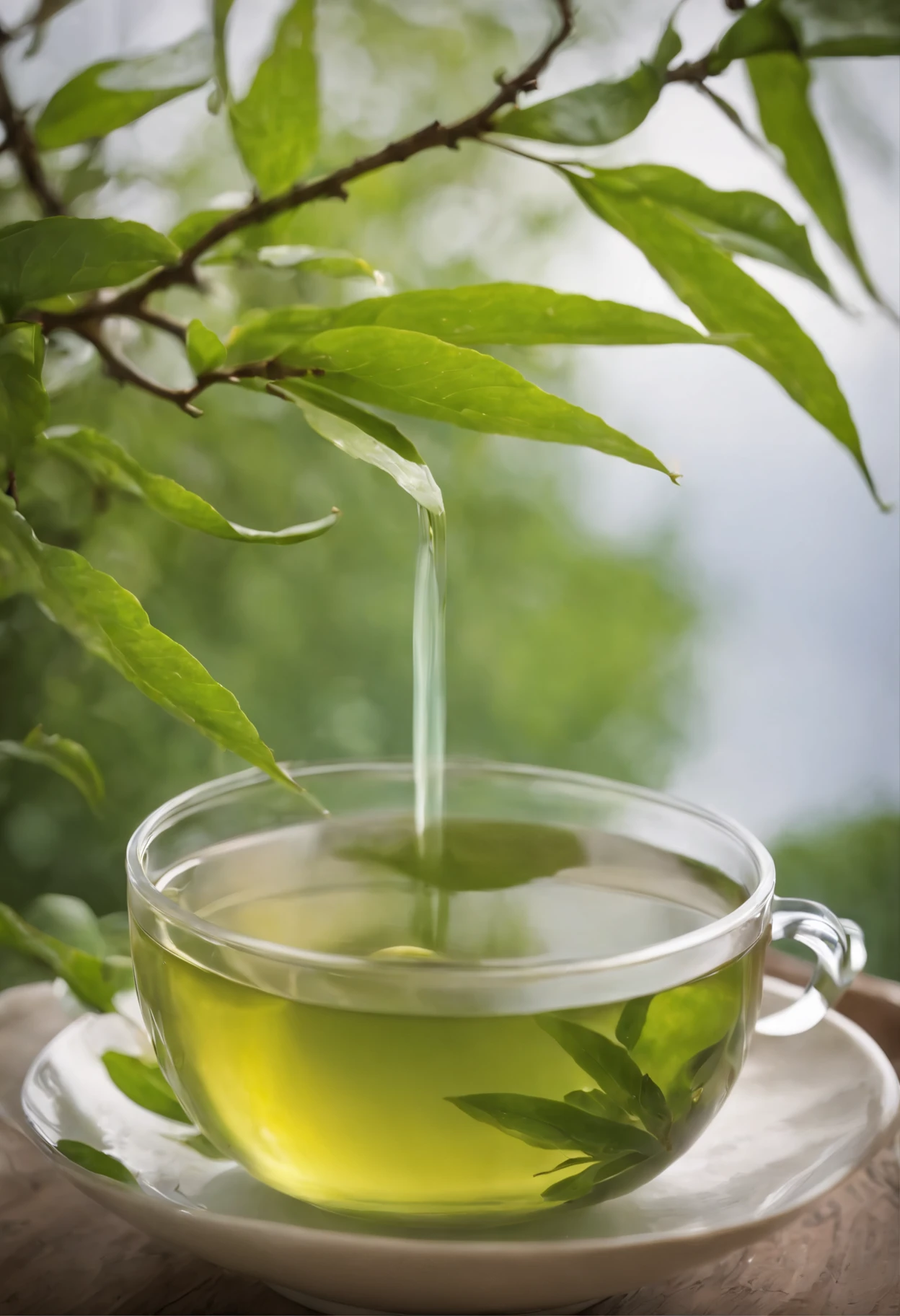 On the table、top-quality、真实感、Surreal、(Green tea steamed tea cup)、((just below the water, you can see the small, Thin branches float vertically))