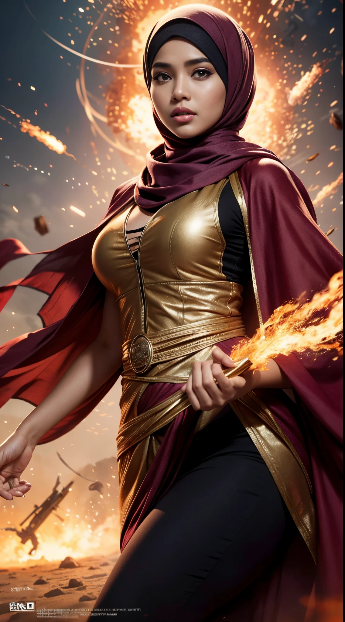 RAW, Best quality, high resolution, masterpiece: 1.3), beautiful Malay woman in hijab (iu:0.8)1beautiful Malay woman in hijab wearing modern youth Muslim clothing,medium breast, modern muslim fashion, flowing shawl, sci-fi, explosions behind, movie poster