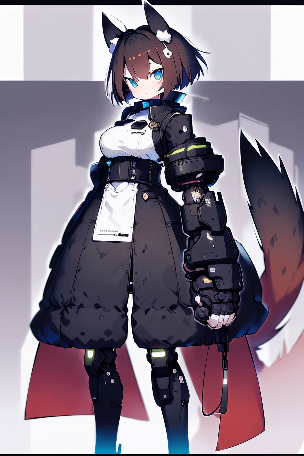 Masterpiece, intricate, anime style, full body, 1girl, rakkun, racoon girl, racoon ears, 1tail, fluffy tail, racoon tail, brown and light brown ringed tail, red and blue eyes blurred, cyber eyes, short hair, red inner hair, brown hair, a strand of hair on the left side, red hair strips, cybernetic body, mecha arms, mecha legs, mechanical arms, mechanical legs, short black shirt uncovered on the shoulders and with a black mesh with black borders up to the collar, polo shirt, short black skitr whit dark red checkered, black belt around the waist, looking at viewer, best quality, 4k,highres, professional art, professional drawing, professional lineart, outlined markers