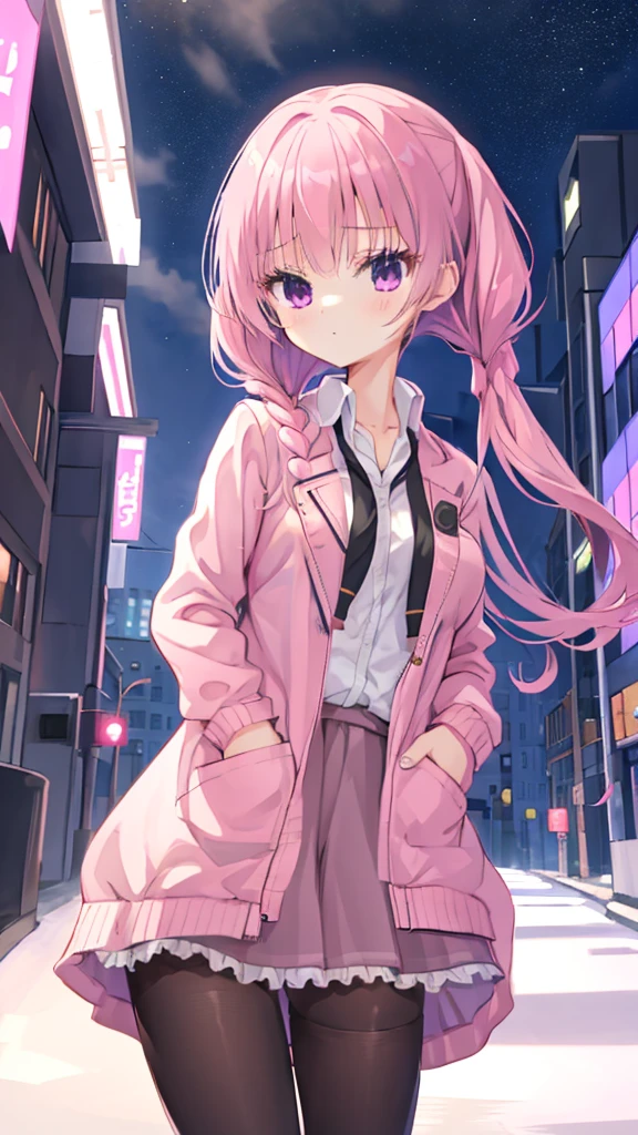1个Giant Breast Girl,mitsukasa ayase，The city at night,Manteau,jaket，The shirt，gentleness，hands in a pocket，black short skirt，nudegirl，black pantyhoses