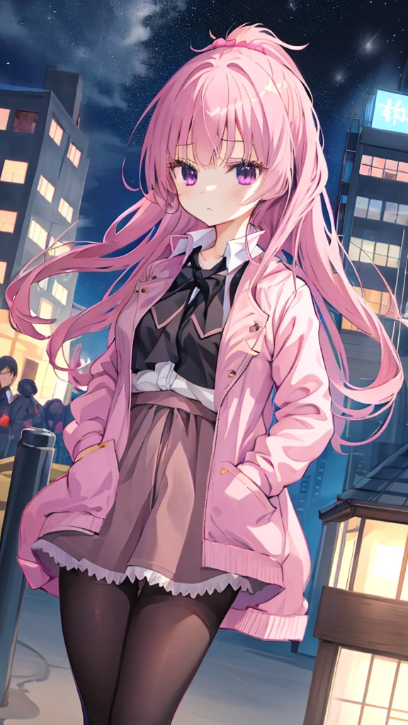 1个Giant Breast Girl,mitsukasa ayase,The city at night,Manteau,jaket,The shirt,gentleness,hands in a pocket,black short skirt,nudegirl,black pantyhoses