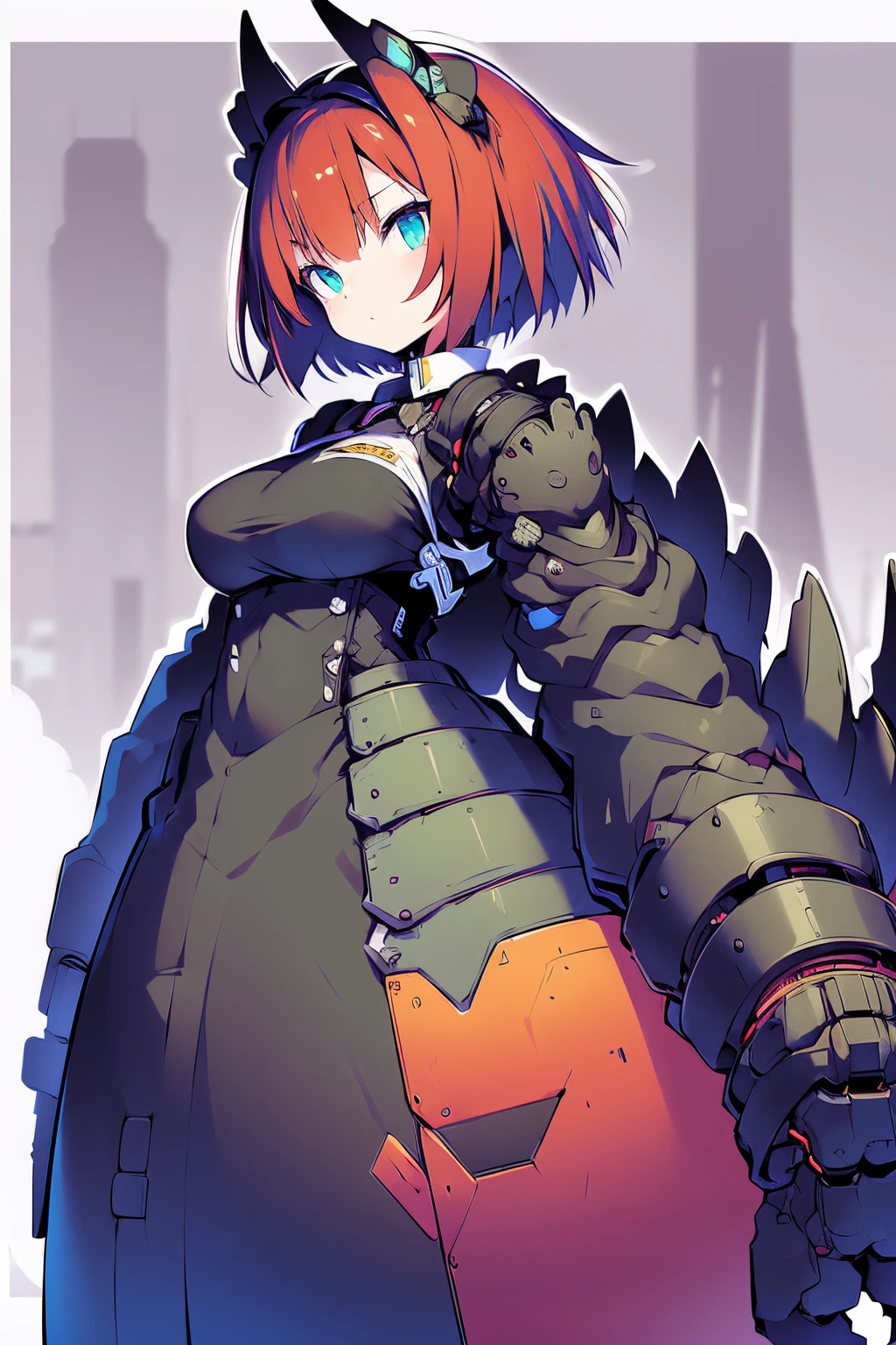 Masterpiece, intricate, anime style, full body, 1girl, rakkun, racoon girl, racoon ears, 1tail, fluffy tail, racoon tail, brown and light brown ringed tail, red and blue eyes blurred, cyber eyes, short hair, red inner hair, brown hair, a strand of hair on the left side, red hair strips, cybernetic body, mecha arms, mecha legs, mechanical arms, mechanical legs, short black shirt uncovered on the shoulders and with a black mesh with black borders up to the collar, polo shirt, short black skitr whit dark red checkered, black belt around the waist, looking at viewer, best quality, 4k,highres, professional art, professional drawing, professional lineart, outlined markers