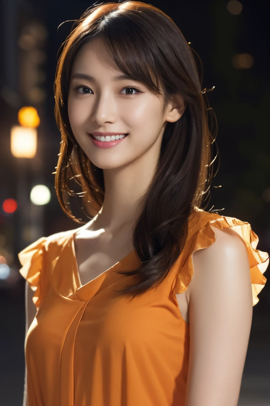 1girl in, (wearing an orange blouse:1.2), (Raw photo, Best Quality), (Realistic, Photorealsitic:1.4), masutepiece, Extremely delicate and beautiful, Extremely detailed, 2k wallpaper, amazing, finely detail, the Extremely Detailed CG Unity 8K Wallpapers, Ultra-detailed, hight resolution, Soft light, Beautiful detailed girl, extremely detailed eye and face, beautiful detailed nose, Beautiful detailed eyes, Cinematic lighting, city light at night, Perfect Anatomy, Slender body, Smiling