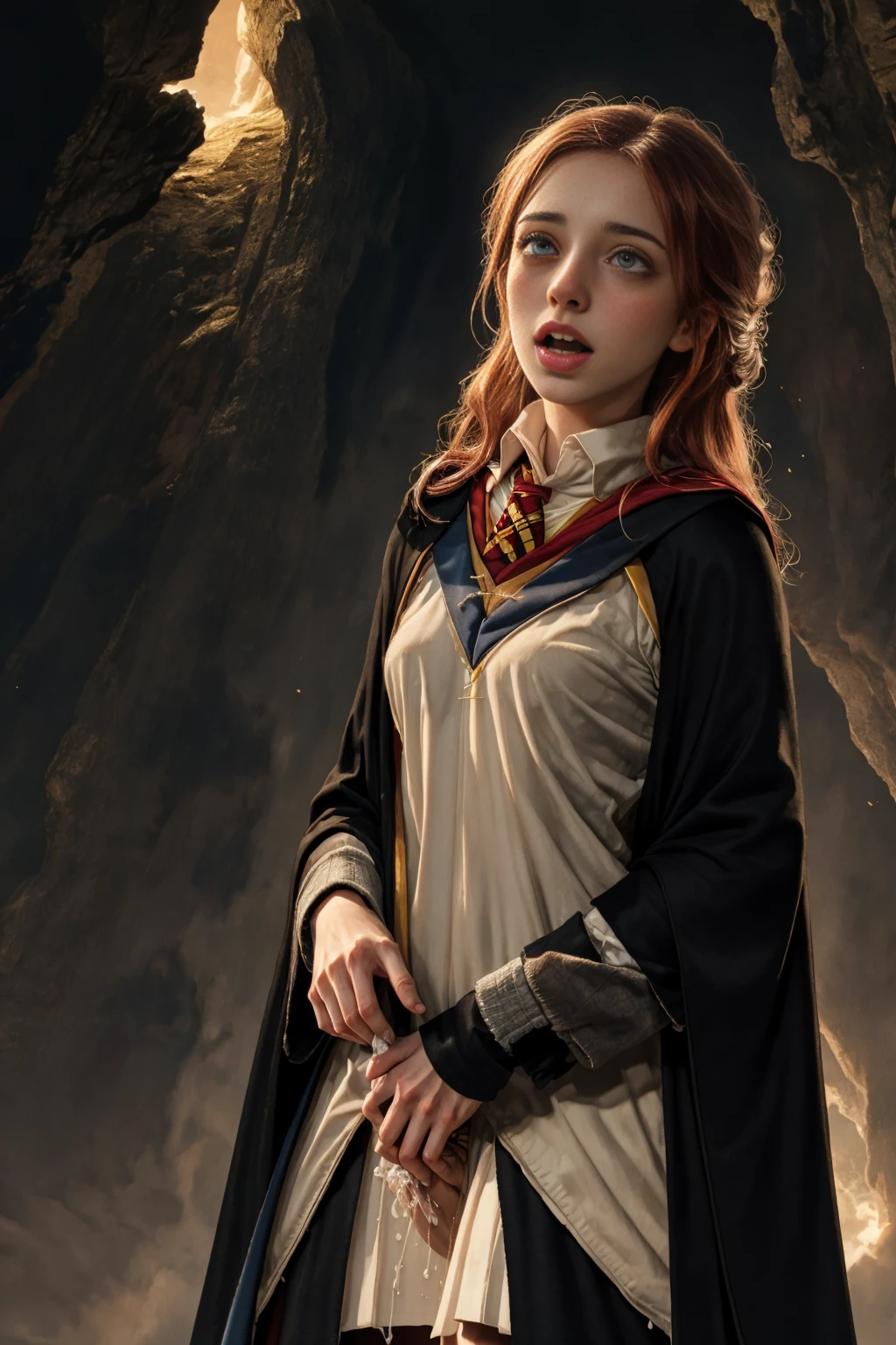 (far wide shot:1.5), 1girl, (solo:1.5), a beautiful picture of Ginny Weasley, ginwea1, wearing a uniform, masterpiece, photorealistic, detailed, 4k, HDR, backlighting, light, RAW color photo, soft skin, red hair, detailed face, blue eyes, striped scarf, short pleated skirt, black robe, medieval, (gryffindor:1.4), (ahegao:1.5), (ahg1:.5), (rolling eyes :1.5), hogsks, looking up, screaming, (orgasming:1.5), (climax:1.5), gasping, holding her breath, asma,