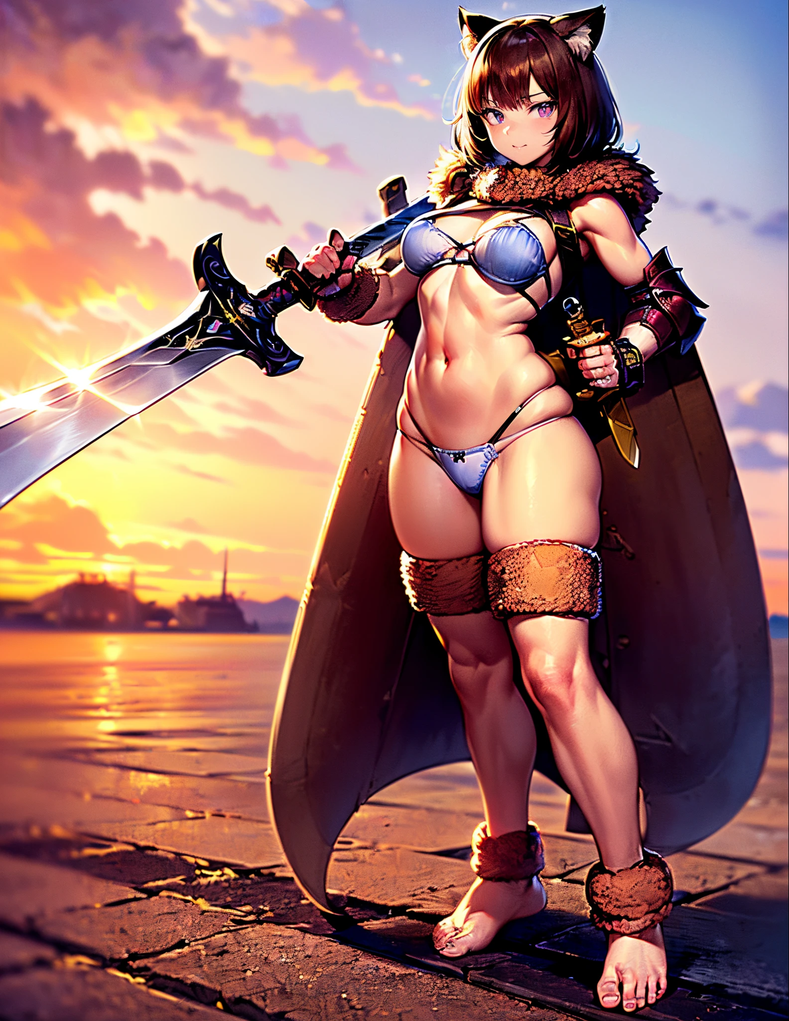 (best quality, 4k, 8k, highres, masterpiece:1.2), ultra-detailed, ((cat girl)), ((brown hair)), ((full body)), ((perfect body)), ((stand pose)), ((((very baggy and long fluffy leg warmers)))), ((bare feet)), (((tiny panties))), ((battle armor)), ((battle gloves)), ((((carrying a giant sword)))), ((fully detailed)), illustration, vivid colors