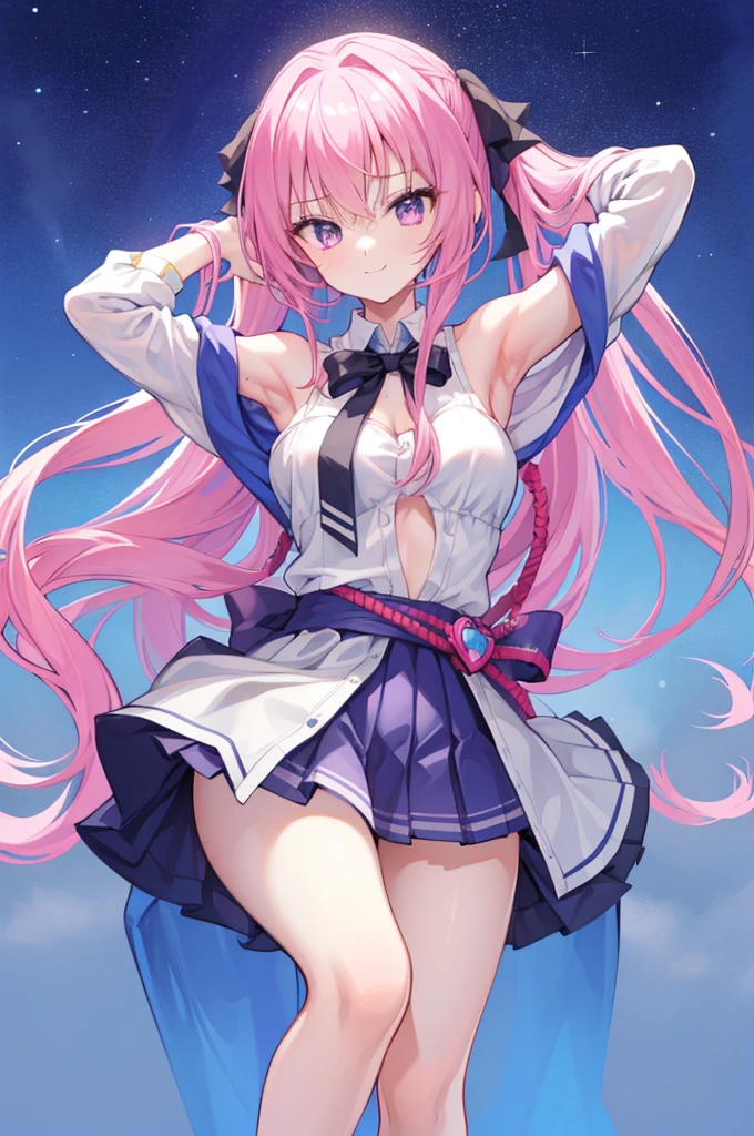 tmasterpiece, top-quality, A high resolution, 8K, A high resolution, ultra - detailed, 1 girl in, (Anatomically correct), The limbs are intact, Complete fingers, Slim 18 year old beautiful active girl,purpleeyes, eyes elongated, Long pink hair,, (white skinned:1.2), Mariner Moon: 1.3, (white straitjacket), (Blue sailor color), the bow, (Over-the-knee boots:1.1), collars, (whitegloves), Blue collar, , (Short skirt skirt), Alone, A smile, High school students, Full body like, Bust 86, Waist circumference 58, Hip 88, (Covered in sweat), (Place your hands behind your head, Exposing armpits:1.28), (Tempered body, tonedbody, abdominal muscle split:1.1), (A sexy pose)