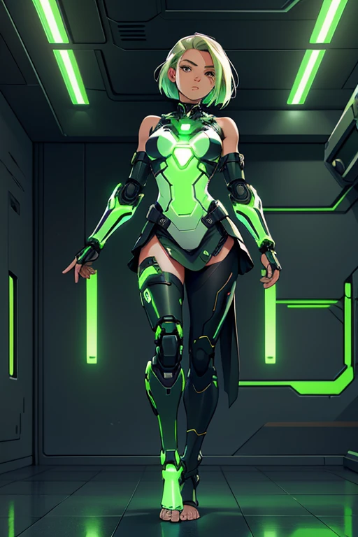 A beautiful, young, shy cyborg woman, wearing cybernetic technological black, green and white body armor with a skirt, prosthetic arms and legs , with short shoulder-length light hair, in a futuristic room.