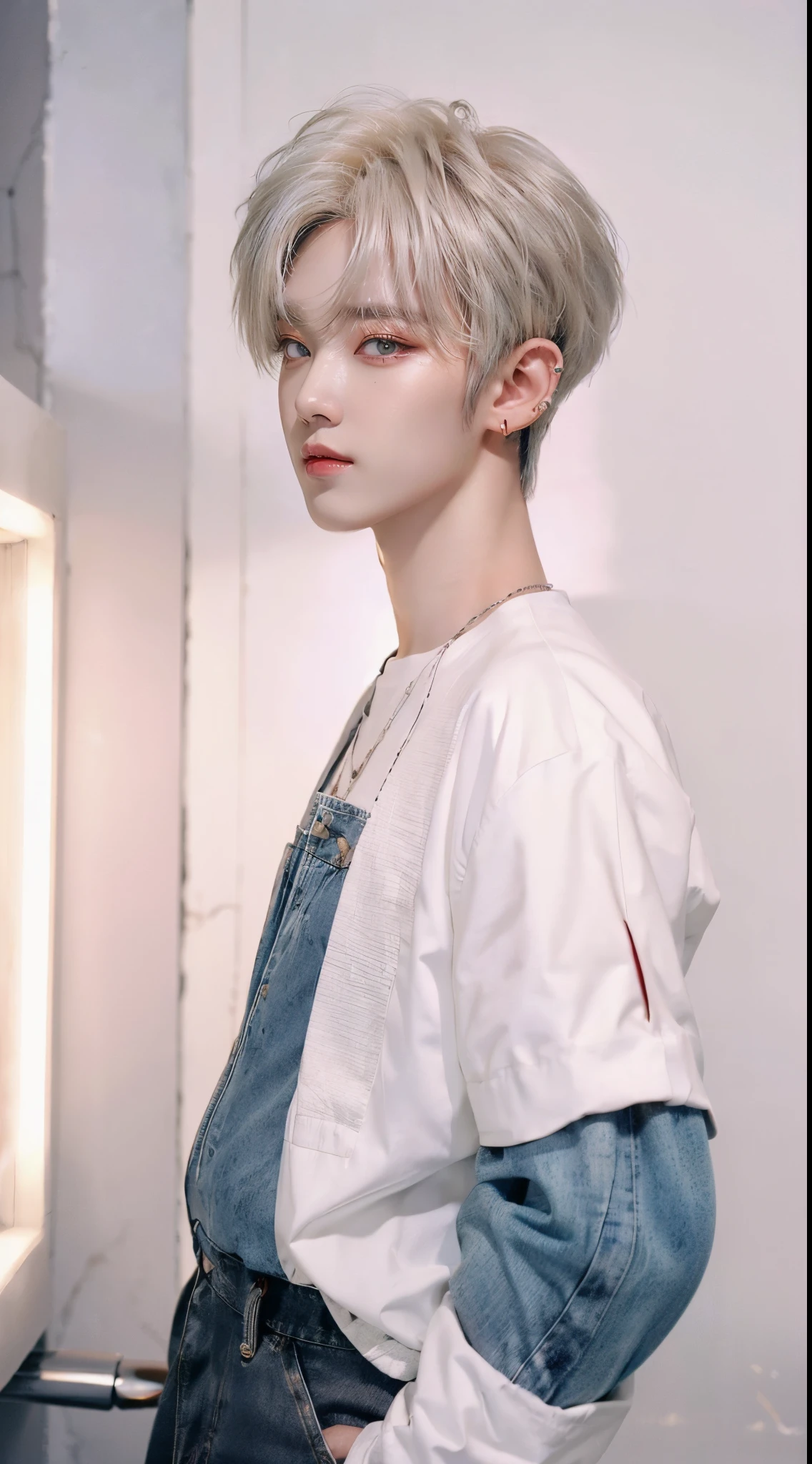 ((4K works))、masterpiece、(top-quality)、((high-level image quality))、((One Manly Boy))、Slim body、((Attractive and sexy jeans fashion))、((Men's Fashion))、(Detailed beautiful eyes)、In a soundproof room、Record a song、Face similar to Chaewon in Ruseraphim、((short hair above the ears))、((Smaller face))、((Neutral face))、((White hair))、((Brown eyes))、((Korean boy))、((18year old))、((Handsome man))、((sings))、((Korean Makeup))、((elongated and sharp eyes))、((Like a celebrity))、Everyday photography、((Shot alone))、((Shot diagonally from the side))、((Upper body photography))、((Artist Photos))