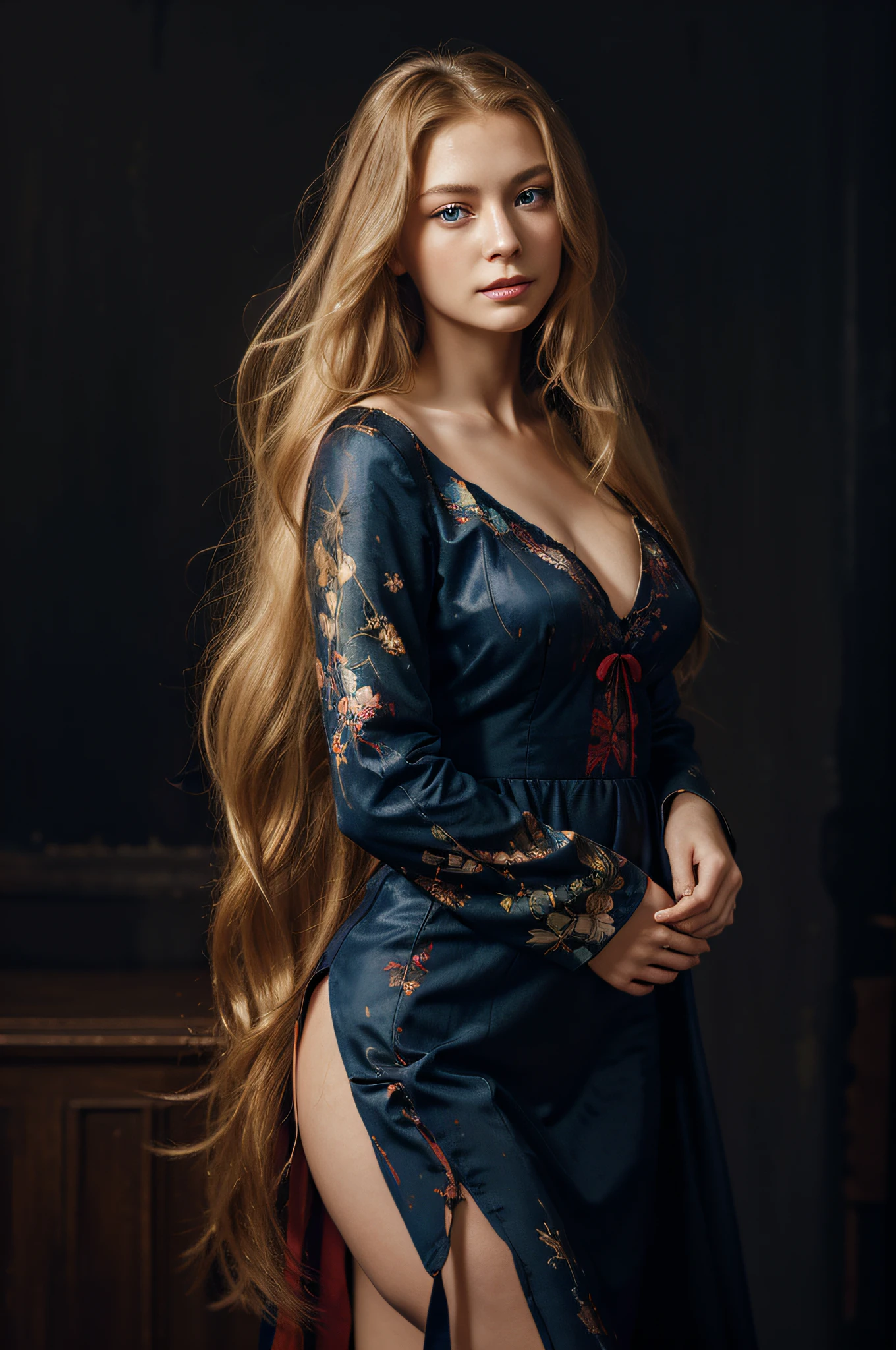 classic oil painting of a beautiful woman in a red cocktail dress, long blond hair, blue eyes, eyes looking at us, medium shot, elegant digital painting, beautiful oil portrait painting, wlop painting style, brush strokes in textured paint, gorgeous oil painting, in style of Junyi Liu, beautiful character painting, dark background, expert lighting, fine art portrait painting, epic background, beautiful art uhd 4 k