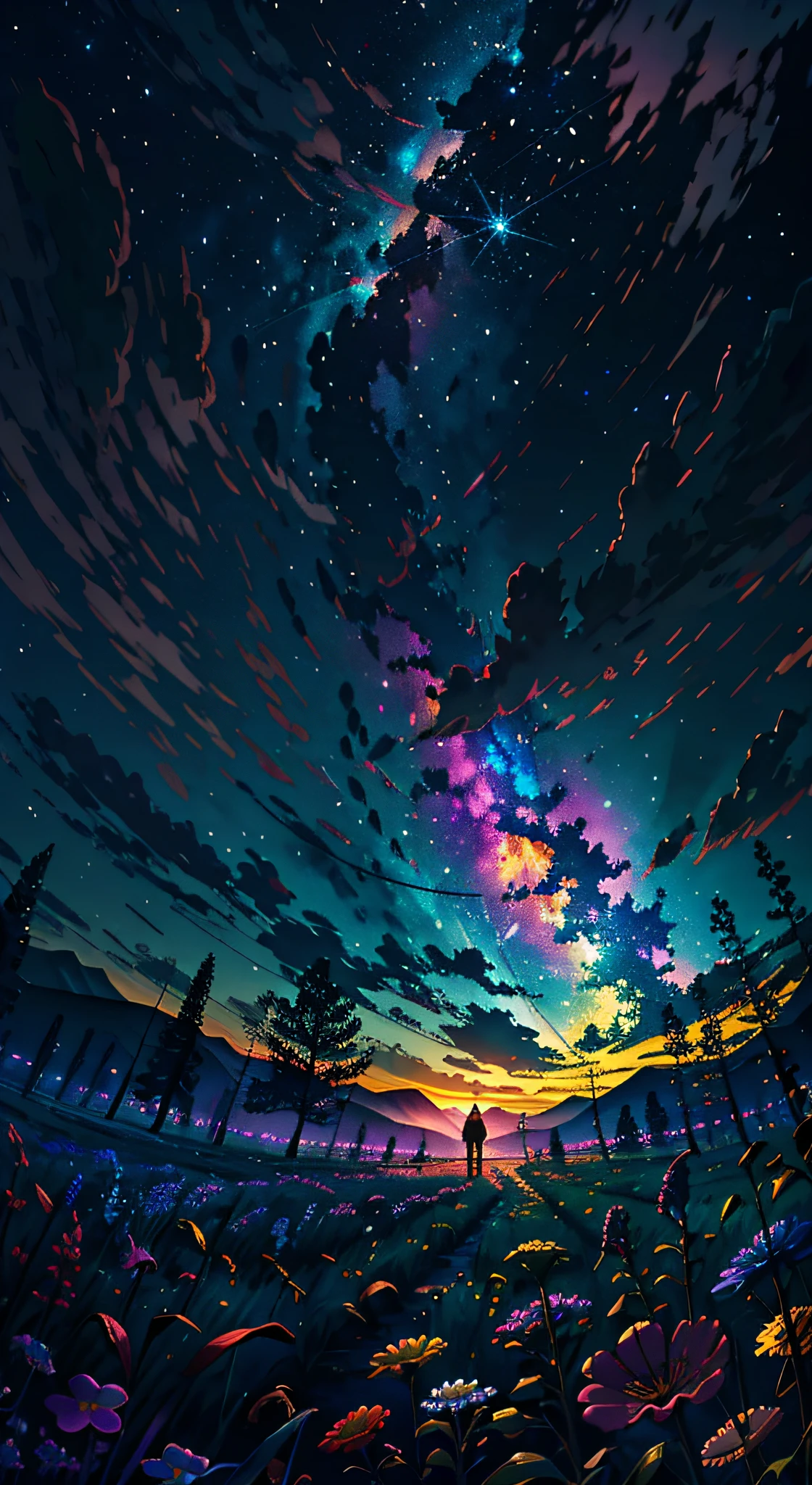 Una amplia foto de paisaje, (vista desde abajo, the sky is above and the open field is below), un explorador parado en un campo de flores mirando hacia arriba, (luna llena: 1.2), (meteoro: 0.9), (nebulosa: 1.3), Distant mountains, BREAK Trees Craft Art, (warm light: 1.2), (Firefly: 1.2), Luces, Lots of purple and orange, detalles intrincados, Volumetric Lighting BREAK (Obra maestra:  1.2), (Mejor calidad), 4K, Ultra detallado, (dynamic composition: 1.4), Rico en detalles y color, (Color arco iris: 1.2), (Resplandor, Atmospheric Illumination), Dreamy, magica, (Solo: 1.2)