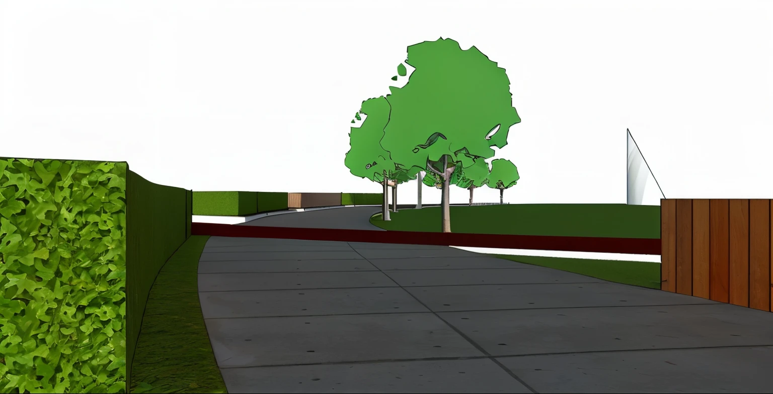there is a drawing of a road with a fence and a tree, low angle dimetric rendering, ground perspective; detailed, 3 / 4 view, 3/4 view, street level view, conceptual rendering, detailed rendering, sloped street, 3d rendered model, trees in background, rendered 3d model, detail render, ground level camera view, 3 d rendered, rendering of a park, a concrete pathway, extend to the far distance, a wooden wall on the right, ((bush hedge)) on the left all the way along the pathway, wooden pathway from left to right crossing the concrete pathway, scene trees in background, ((modern sculpture)) in the distance, beautiful open grass lawn, ((beautiful bule sky, daylight, bright light)), masterpiece, ultra-detailed, realistic rendering, commercial rendering, 4K rendering, way rendering
