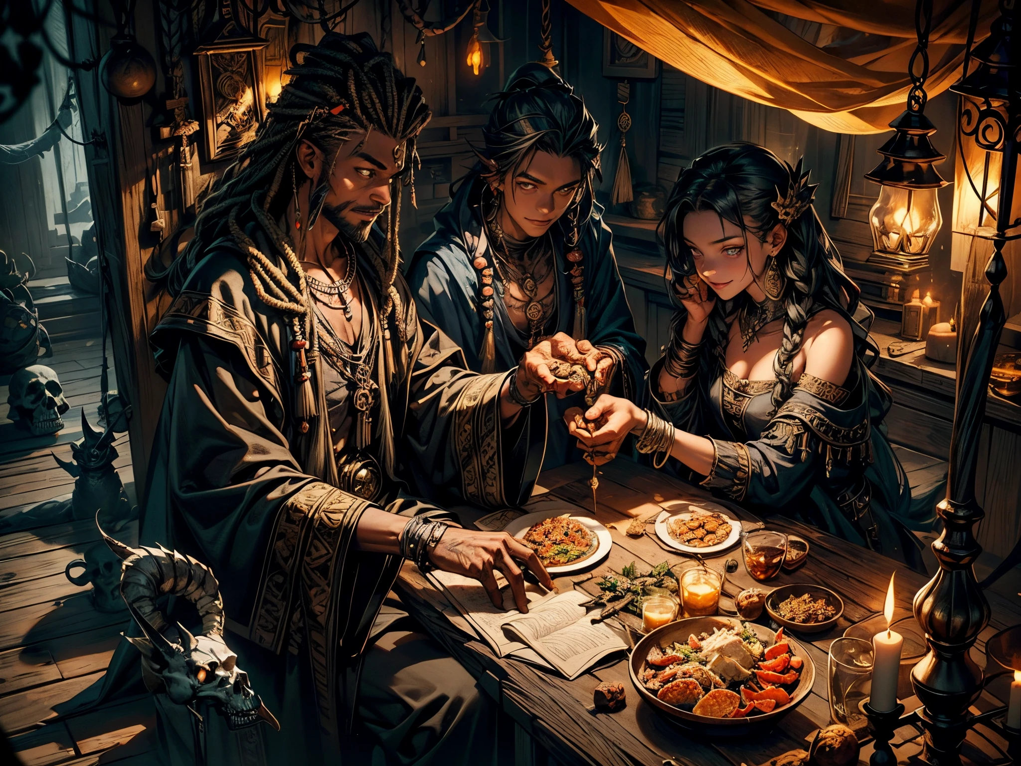 sitting indoors in a dark lit hut, candle lit, candle skulls, wax candle skull decorations, hanging dreamcatchers, snakes in the cealing, web, a well versed potion master and alchemist sitting looking at viewer, dark mischevious smile, leaning forward with hands his hands together, surrounded by vials made of different materials, dead exotic pelts, a voodoo doctor visited by the locals and adventurers, a plate of crab meat next to him, as seen from a higher elevation, as seen from above, viewer looking down at sitting voodoo doctor