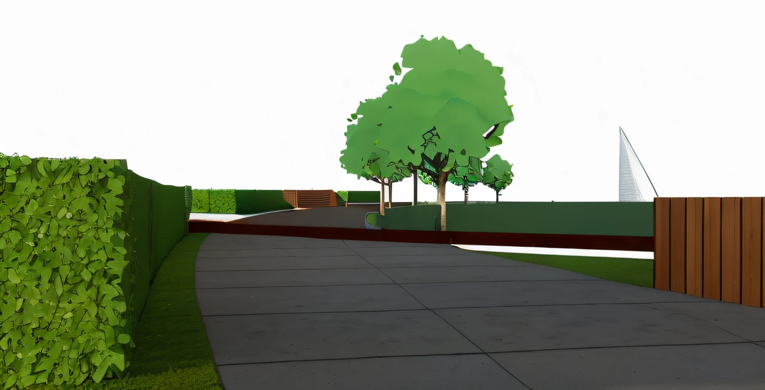rendering of a park, a concrete pathway extend to the far distance, a wooden wall on the right, ((bush hedge)) on the left all the way along of the pathway, wooden pathway from left to right crossing the concrete pathway, some trees in background, ((modern sculpture)) in the distance, beautiful open grass lawn, ((beautiful blue sky, daylight, bright light)), masterpiece, ultra-detailed, realistic rendering, commercial rendering, 4K rendering, vray rendering