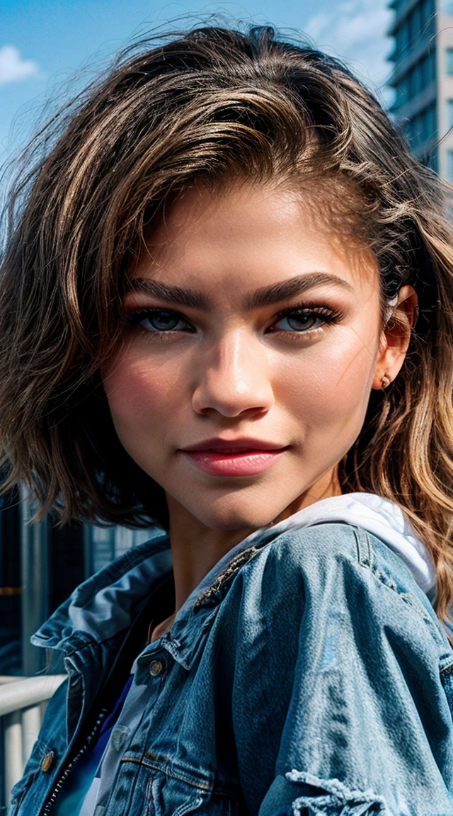 Generate an exceptional and realistic image of Zendaya with a quality level of 0.8, crafting a perfect anime illustration. Focus on an extreme close-up portrait capturing Zendaya as a pretty woman confidently walking through the city. Ensure that the illustration maintains a realistic touch while reflecting the nuances of an anime aesthetic, highlighting Zendaya's distinct features and portraying the urban atmosphere with precision. The result should be a stunning blend of realism and anime elements in an exceptional portrait.