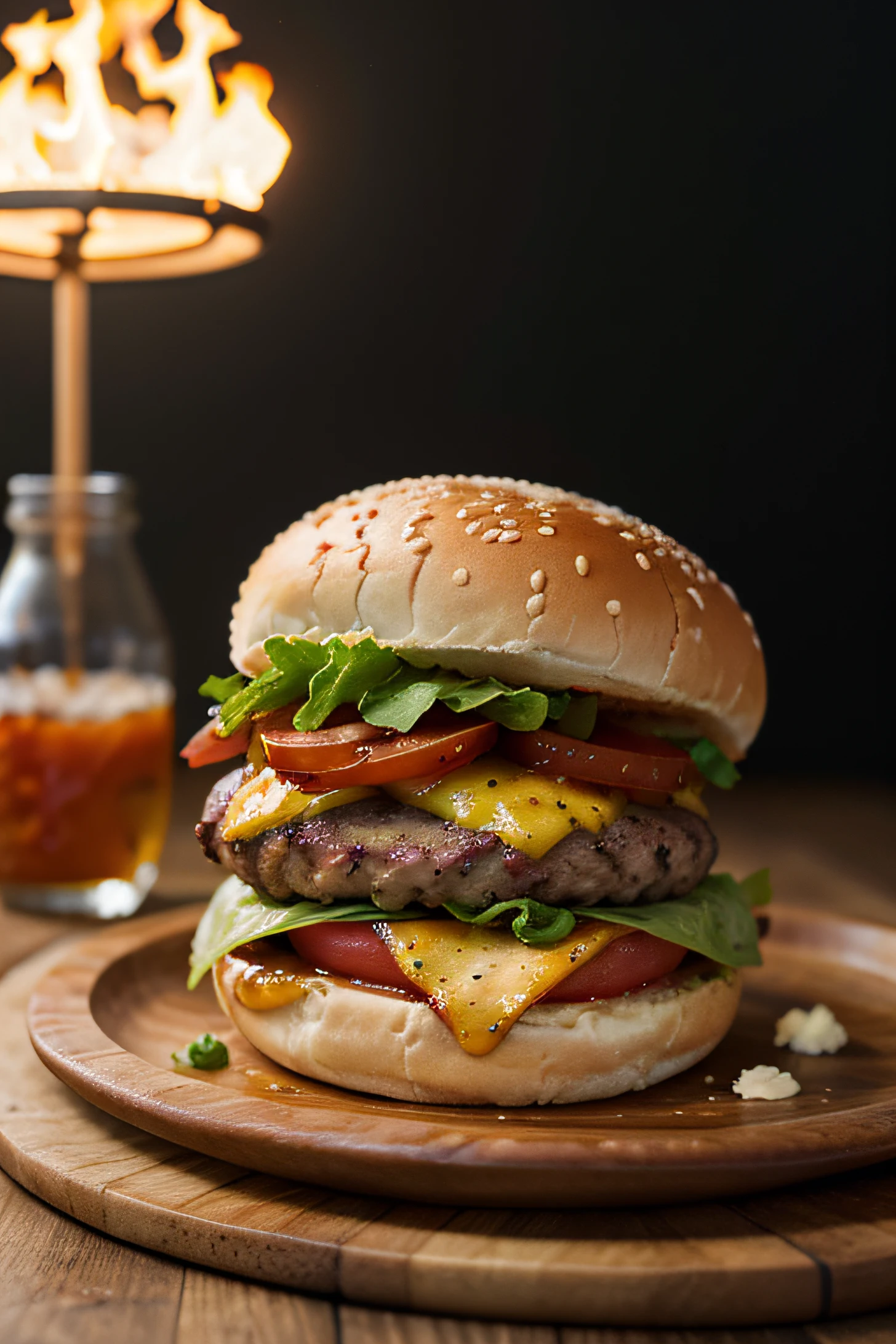 Create an advertising image of an artisanal burger restaurant that captures the tasty essence of the snack.
The image must show an environment with a dark woody background. With a wooden table in the foreground, with juicy potatoes and tomatoes. In the background, blurred flames.
This evokes the spirit of artisanal flavor. Colors should convey hunger and pleasure. This image should represent the ease of consumption of the snack and the feeling of pleasure it provides. Feel the flavor and joy of life with the artisanal hamburger. Cinematic light, creamy light, 3 points of light in the lighting, photographed with a Phase One 35mm lens, 8k.
