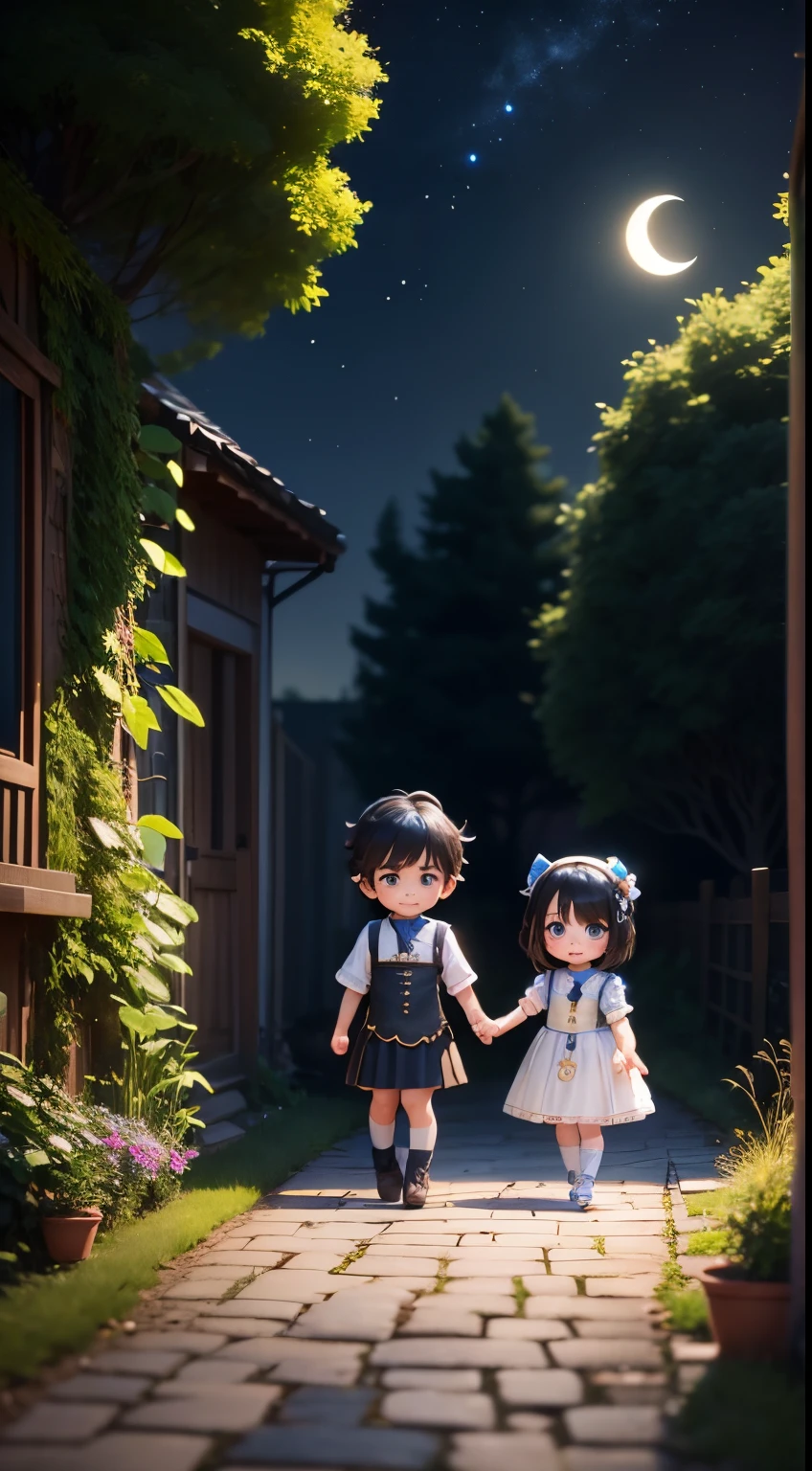Characters: cute mini girl and cute mini boy, lovely couples, traditional dress, cute blue eyes, black hair, cute face, small chibi characters, 8k, 3D animation. Background: beautiful garden, road, trees, night, moon, stars.