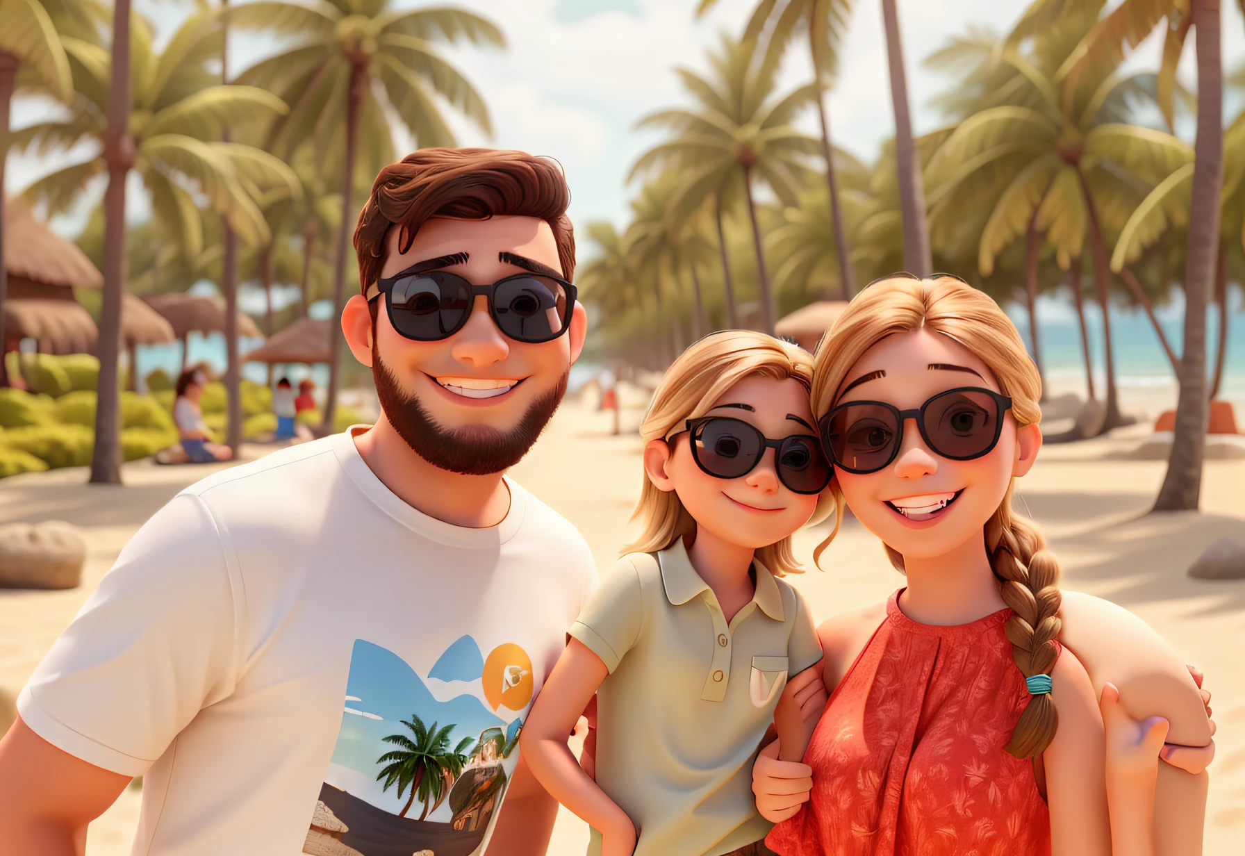 pai sorrindo com oculos escuros pretos, mother smiling brown hair brown blonde with black sunglasses, filho menino com cabelos curtos com oculos escuro azul e as astes amarelas e camiseta verde claro lisa, family posing for a photo on a beach with palm trees, imagem de perfil, vacation photo, Family photo, fami, marido esposa e filho, Praia, Happy family, Familiar, Directed by: Caro Niederer, foto de perfil, Karolina Cummings, Directed by: Sam Dillemans, divertindo-se, perto da praia, daniel mirante, standing near the beach