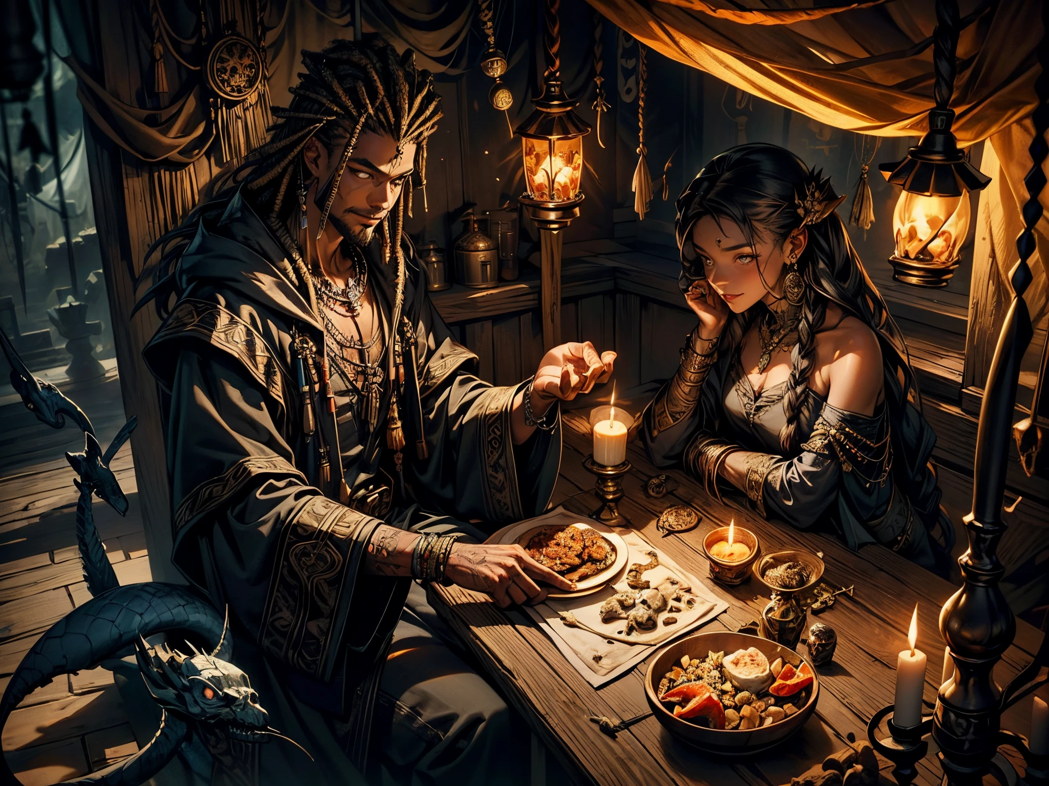 sitting indoors in a dark lit hut, candle lit, candle skulls, wax candle skull decorations, hanging dreamcatchers, snakes in the cealing, web, a well versed potion master and alchemist sitting looking at viewer, dark mischevious smile, leaning forward with hands his hands together, surrounded by vials made of different materials, dead exotic pelts, a voodoo doctor visited by the locals and adventurers, a plate of crab meat next to him, as seen from a higher elevation, as seen from above, viewer looking down at sitting voodoo doctor