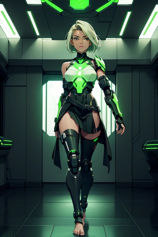 A beautiful, young, barefoot cyborg woman, wearing cybernetic technological black, green and white body armor with a skirt, prosthetic arms and legs , with short shoulder-length light hair, in a futuristic room.