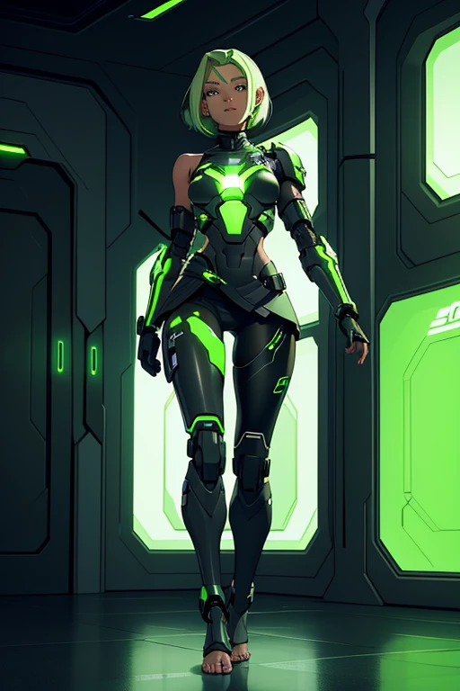 A beautiful, young, barefoot cyborg woman, wearing cybernetic technological black, green and white body armor with a skirt, prosthetic arms and legs , with short shoulder-length light hair, in a futuristic room.