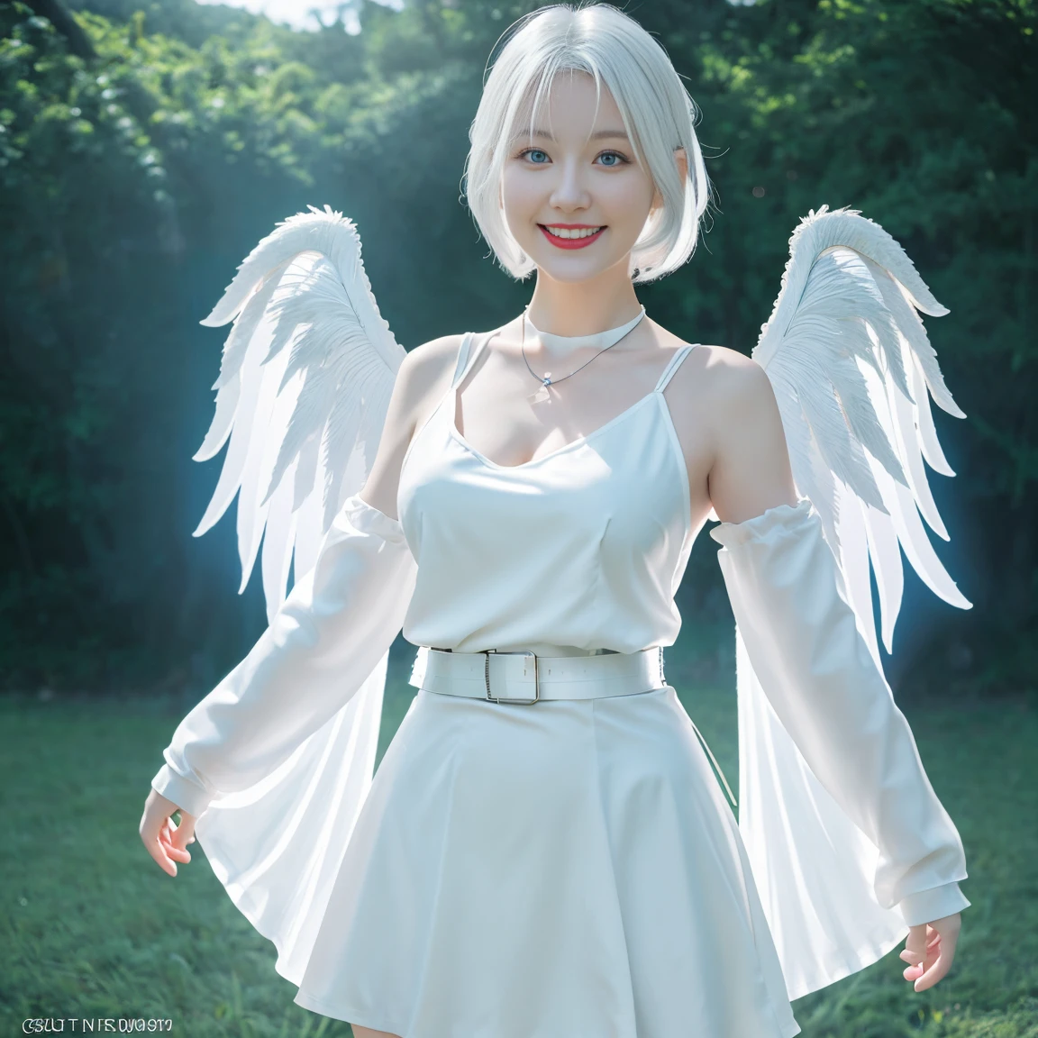 Anime character, girl, beautiful short shoulder length hair, white dress, wearing a thigh length dress, long sleeved dress, white hair, beautiful face, light blue eyes, 8k resolution, HD quality, very detailed body parts, full body, standing pose, smiling sweetly,Holds a glowing katana, black belt, Black necklace, Has glowing white wings detailed, red lips, Dress torn at chest, grassland background,HDR resolution, cinematography shot