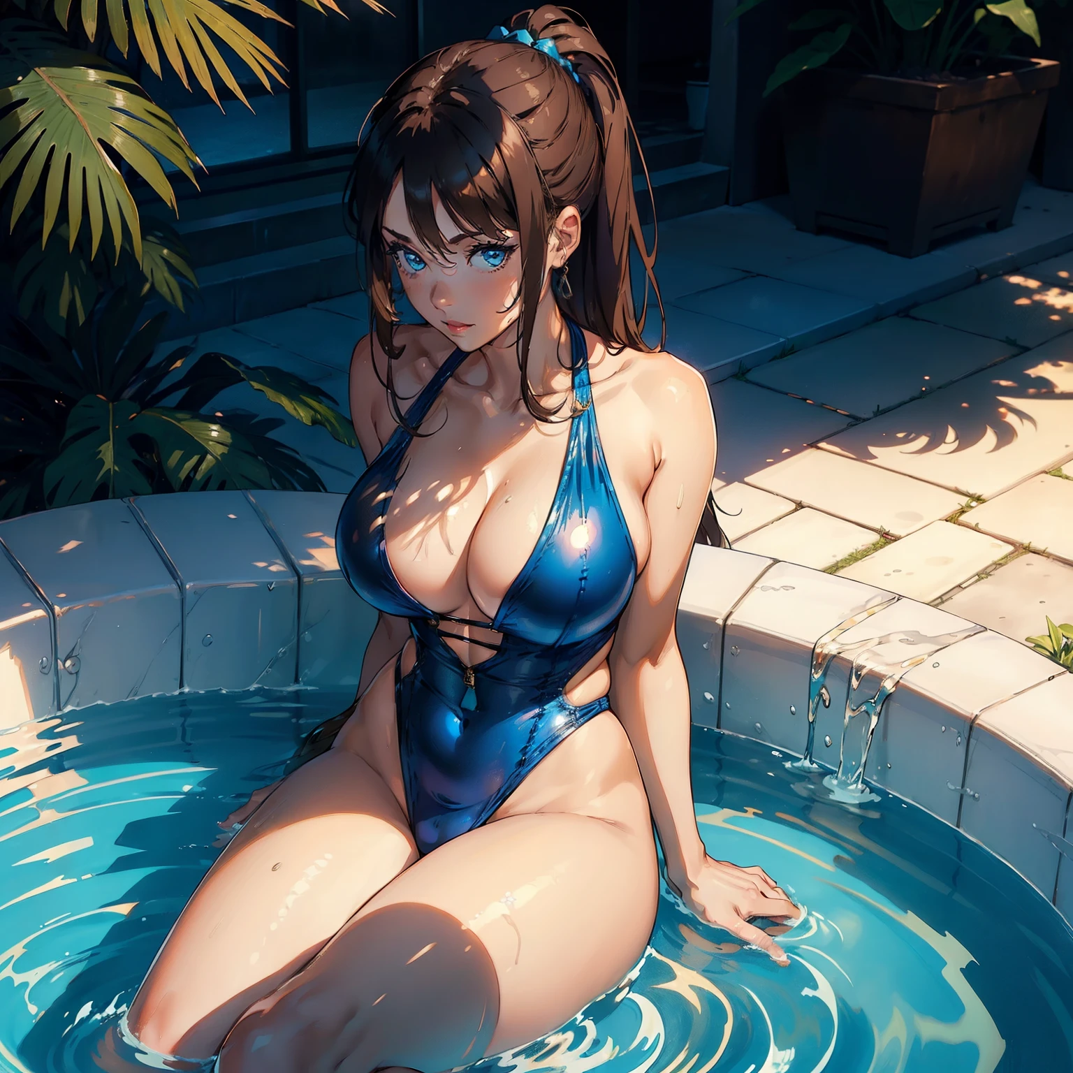 (one female: 1.5) wearing metallic blue one piece swimsuit, brown long ponytail, beautiful blue eyes, showing cleavage, sitting alone in jacuzzi in back yard of house, alone (SOLO: 1.5),(ALONE: 1.5), large chest, curvy, perfect body close shot, best quality:1.5, sexy legs, hide hands behind back, sagging boobs, soft smile, blushing, very large breasts, very long hair (((Brown hair)))