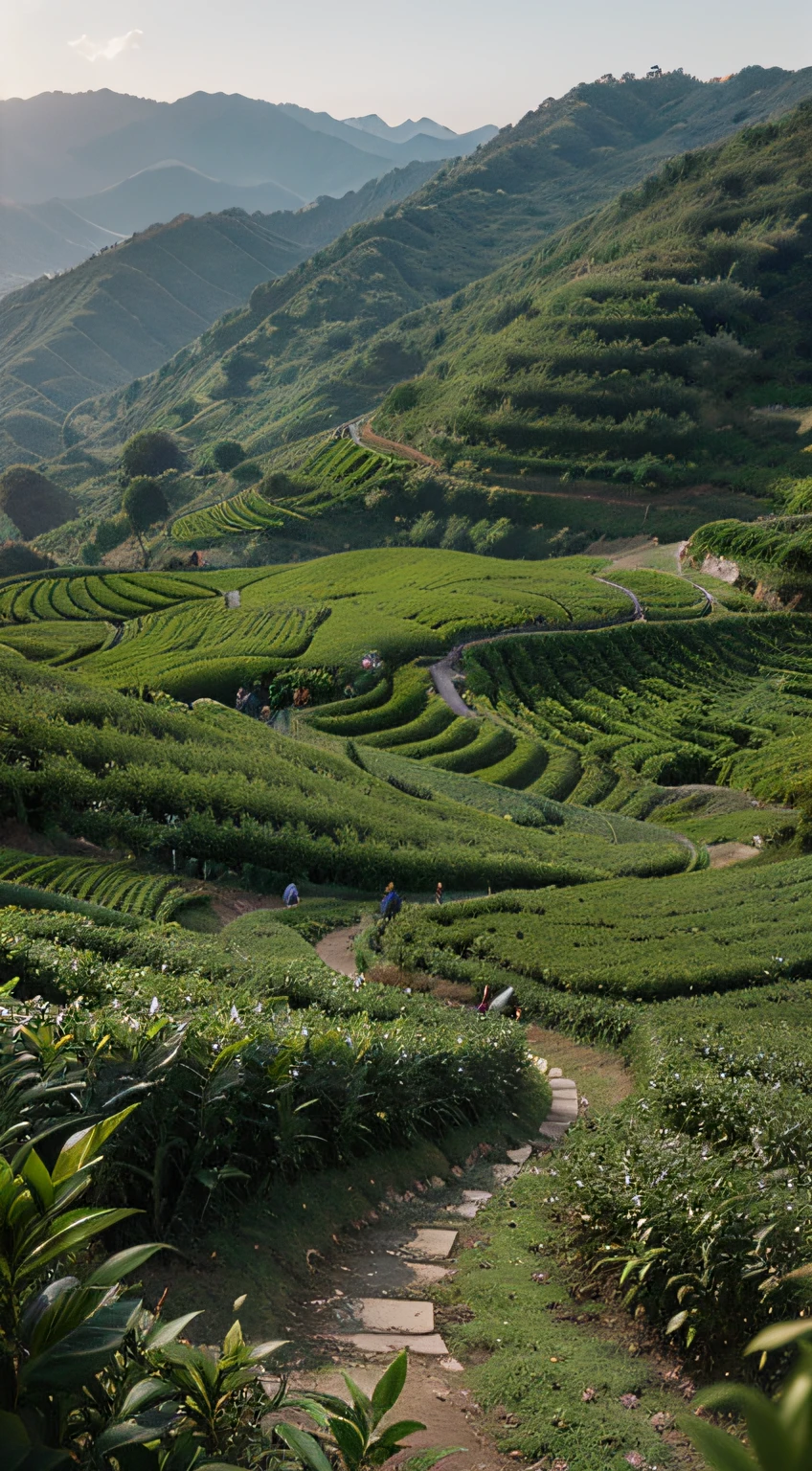 photorealistic image of a great beautiful tea farm in Iran, tea farm, green, landscape, cinematic, dramatic lighting, ultra realistic, fine details, wide shot, 4K, octane render, HD, photo